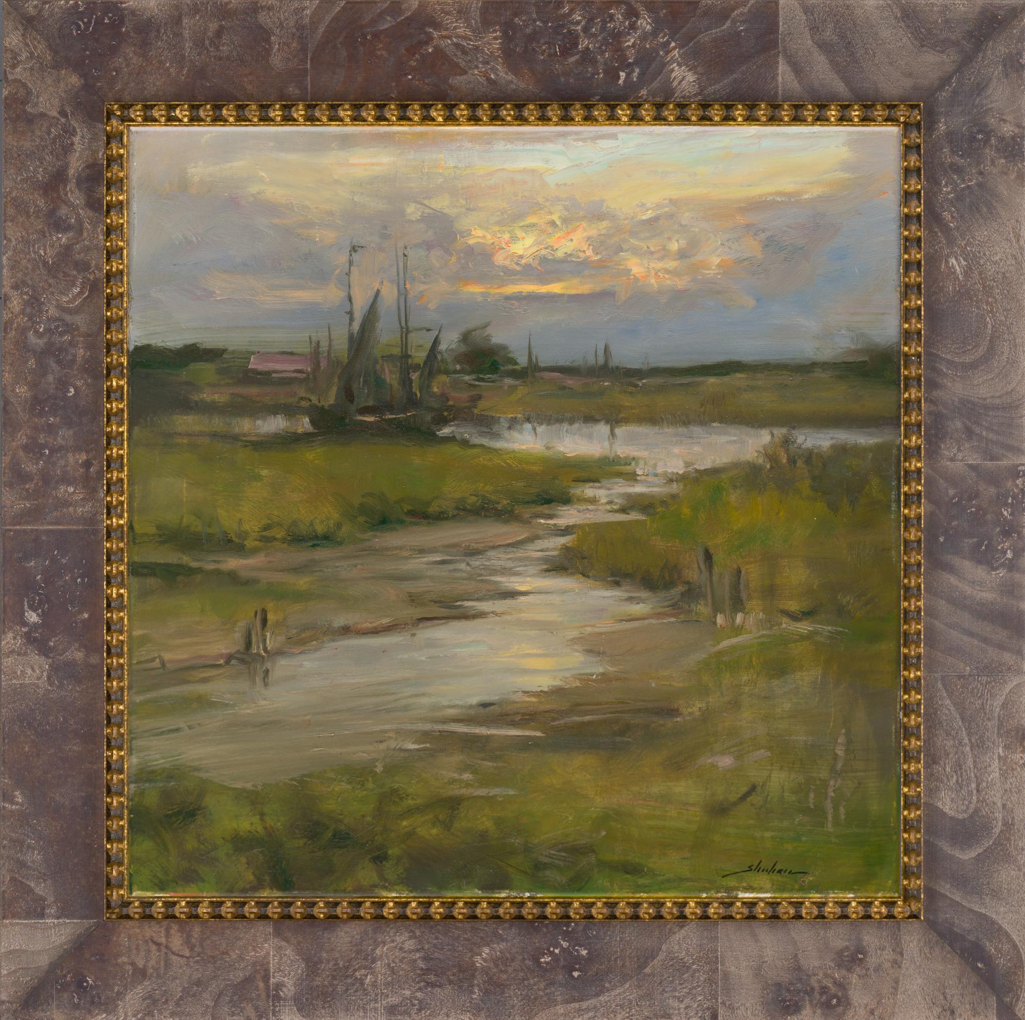 "Ensenada al atardecer" Paisaje tradicional Cuadrado Enmarcado Pintura al óleo sobre lienzo - Painting de Dennis Sheehan