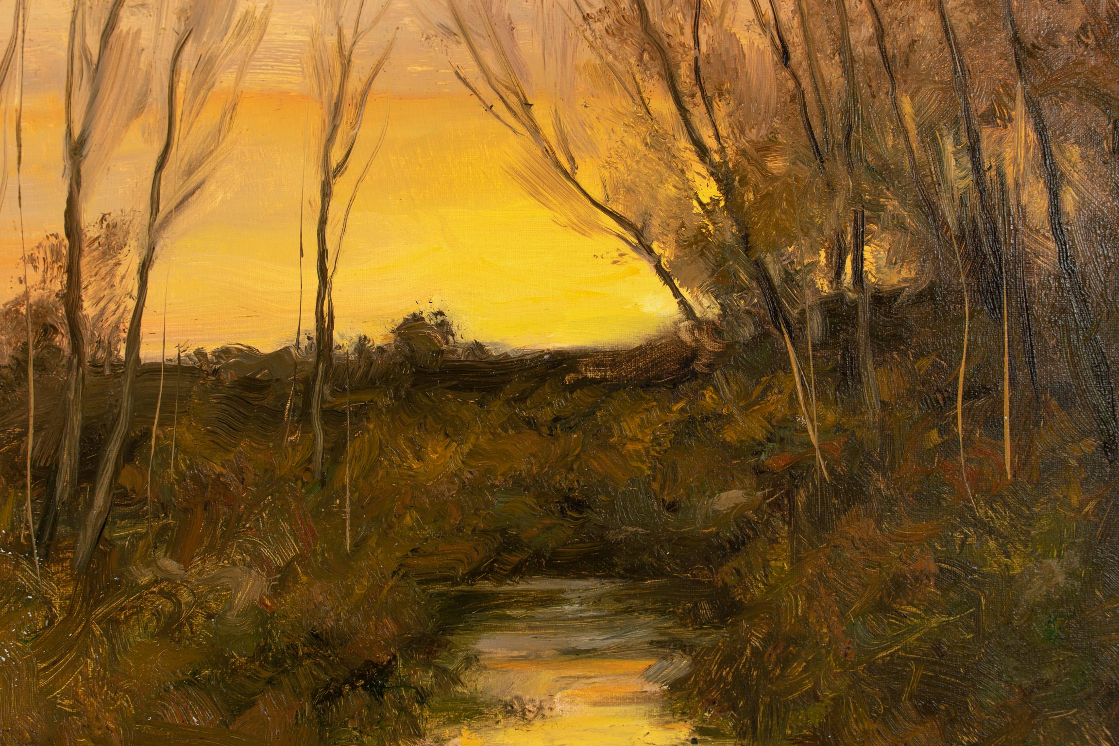 This piece is framed. The unframed dimensions are 12 x 12 inches.

Sheehan studied under George Gabin, who paints in a tight and traditional style. There, he learned the technique of American Tonalism, the contrast between light and dark, and