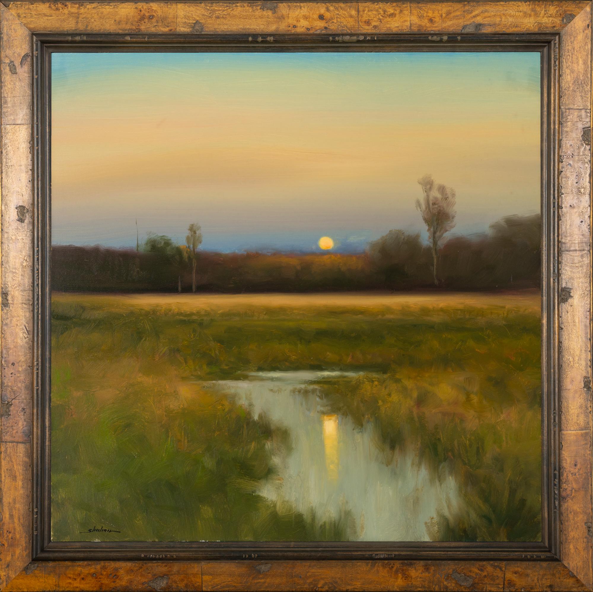 Landscape Painting de Dennis Sheehan - "Salida de la luna sobre Bayou" Paisaje tradicional cuadrado Pintura al óleo sobre lienzo enmarcada