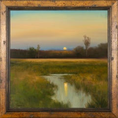 "Moonrise Over Bayou" Traditional Square Landscape Framed Oil on Canvas Painting
