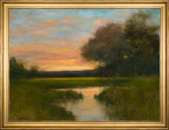 "Pastoral Daybreak" Paysage traditionnel de l'aube Encadré Huile sur toile Peinture