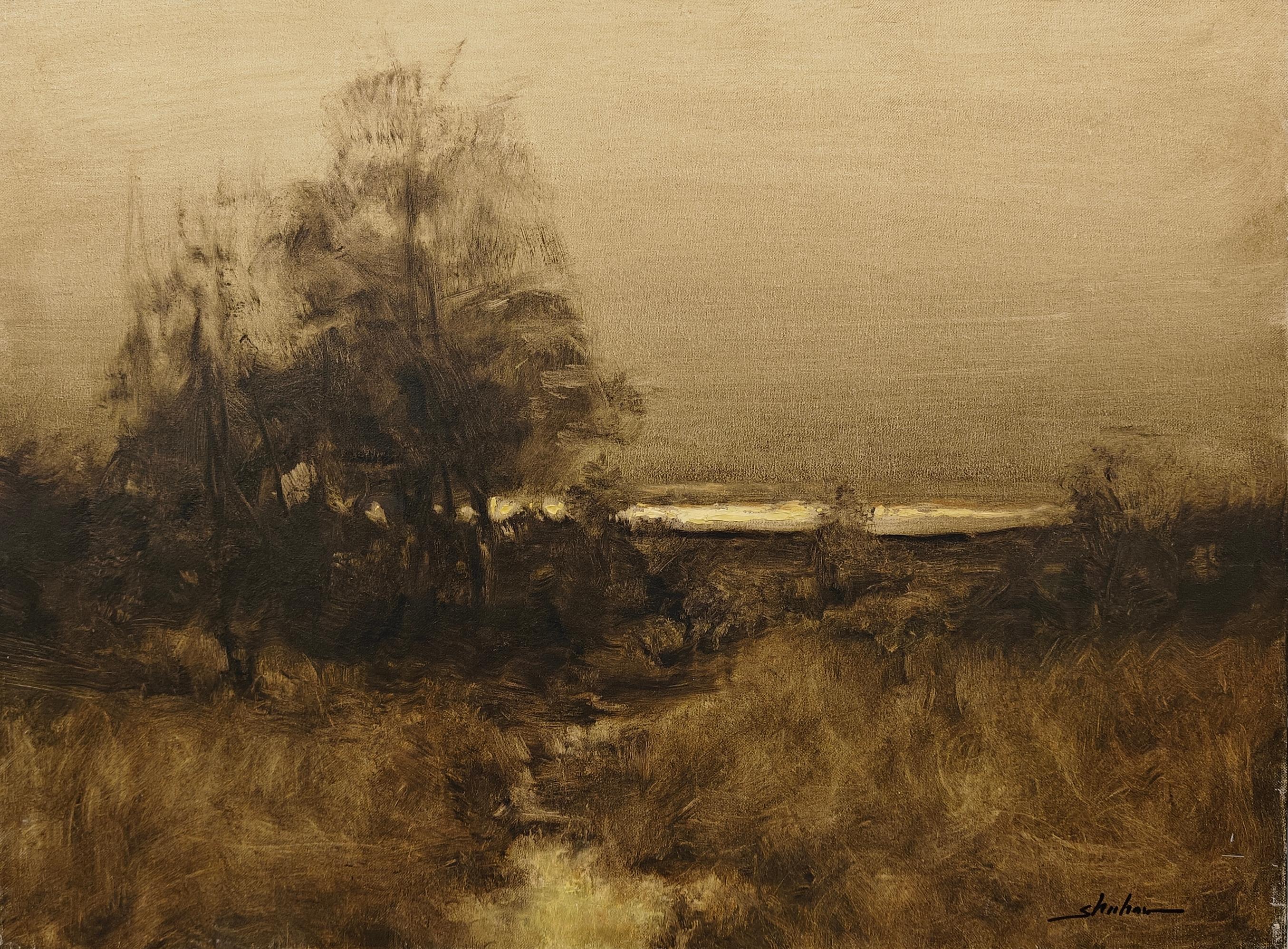 "Pleasant Day" Dennis Sheehan, Cloudy Sky, Atmospheric Marsh Landscape, Evening