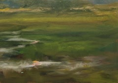 "Luna creciente" Dennis Sheehan, Paisaje del pantano al anochecer, Cielo púrpura, Luna llena