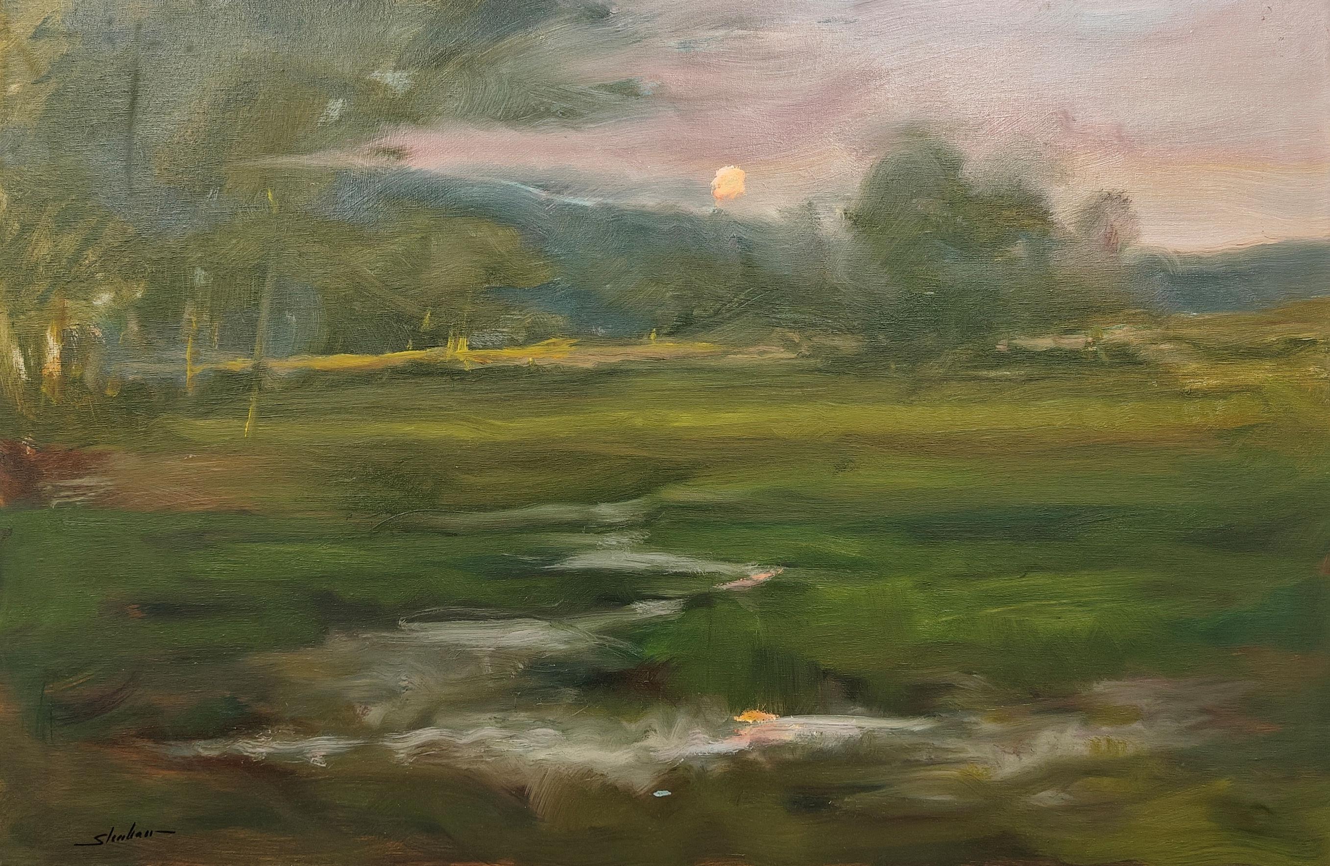 "Rising Moon" Dennis Sheehan, Dusk Marsh Landscape, Purple Sky, Full Moon