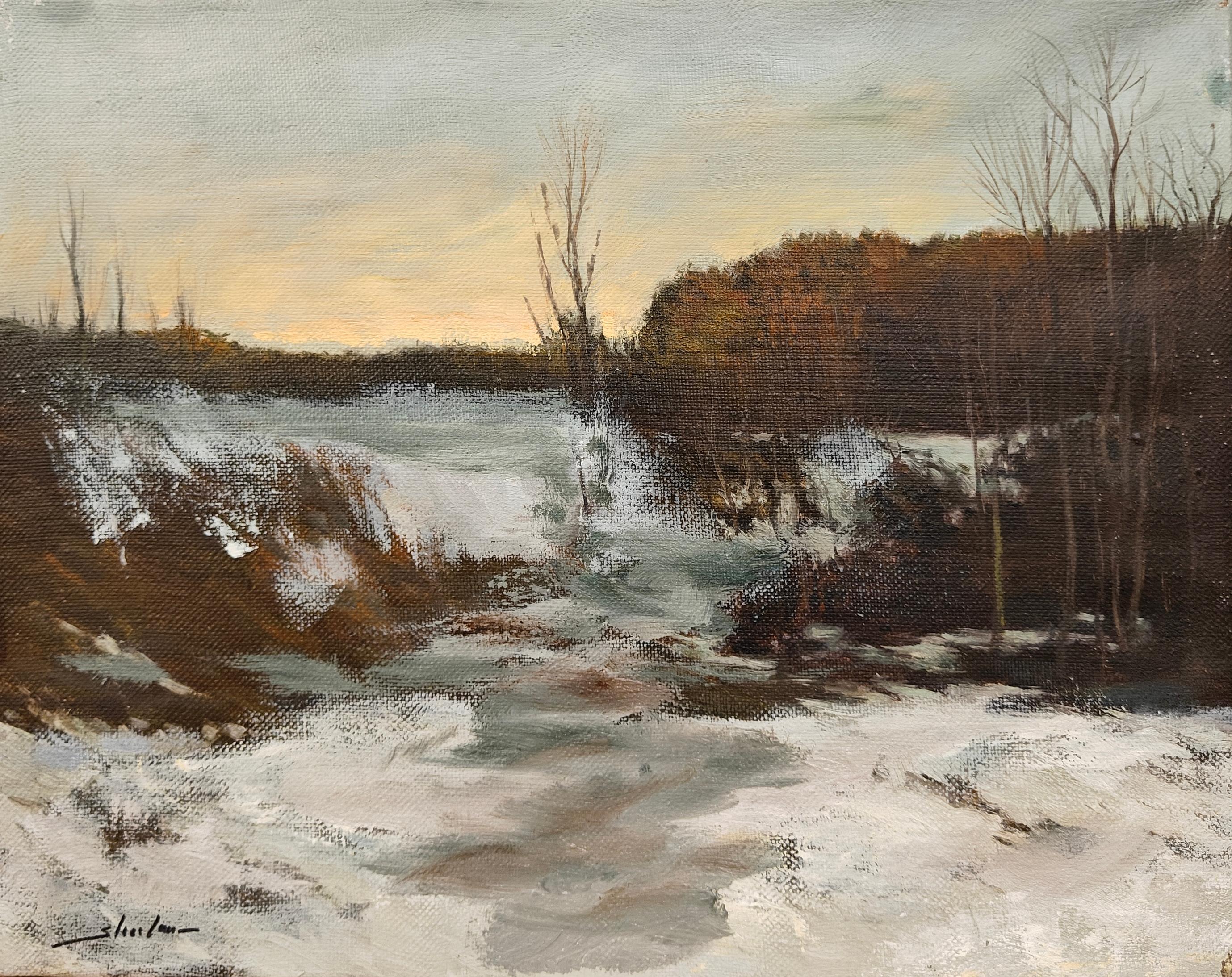 "Frühlingstauwetter" Dennis Sheehan, verschneite amerikanische Landschaft, stimmungsvoller Spätfrühling