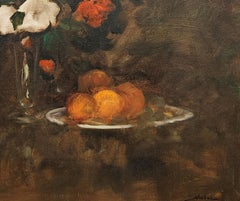 "Still Life" Dennis Sheehan, Dark Background, Fruit and White Flowers, Rose
