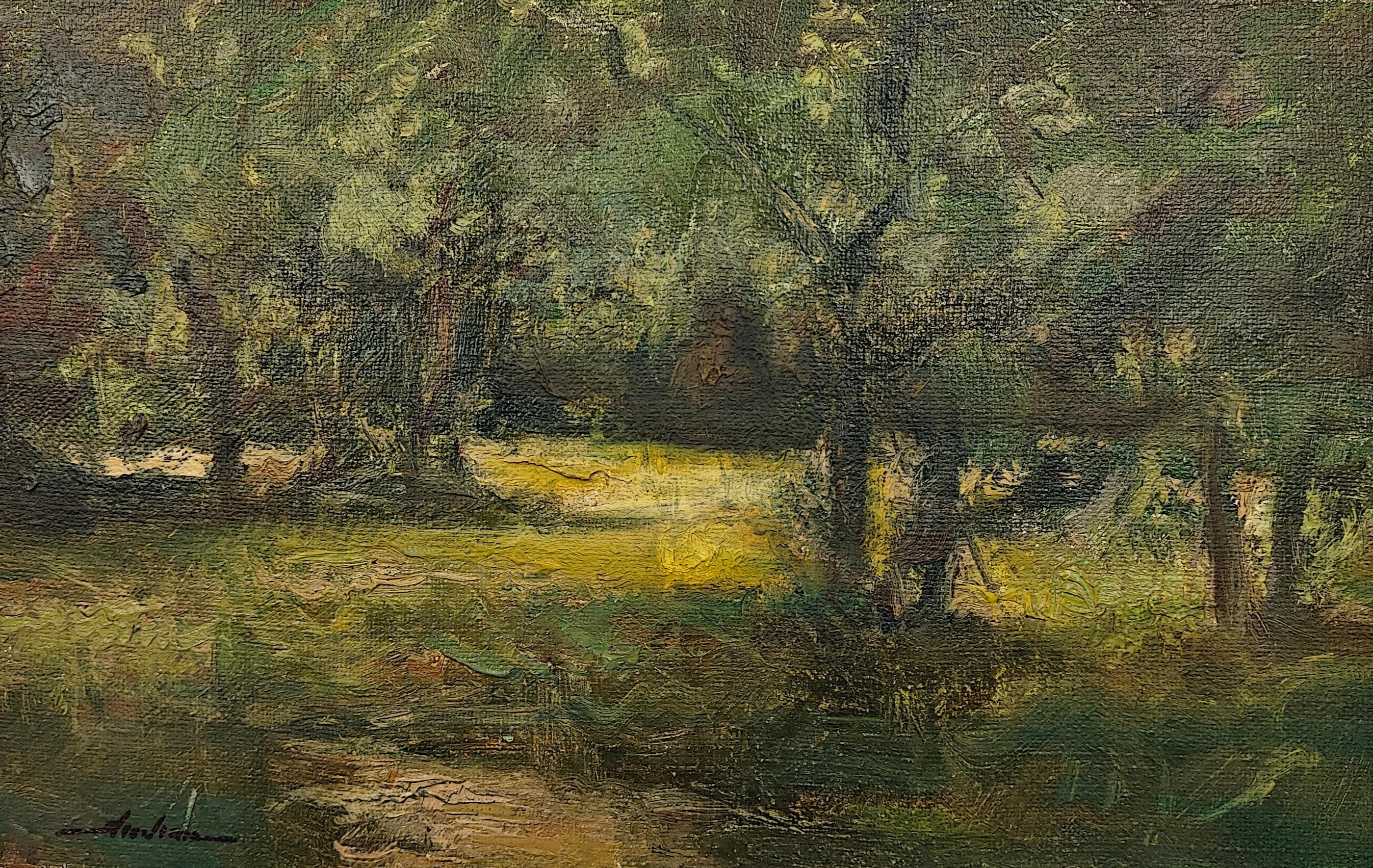 "Summer by the Stream" Dennis Sheehan, Tonalist Forest, American Landscape