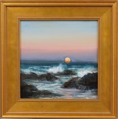 "Surf Spray" Pittura impressionista americana del New England con paesaggio marino al tramonto sulla costa