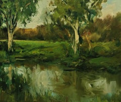 "Trees by the Stream" Dennis Sheehan, Bright Forest Landscape, Water Reflections