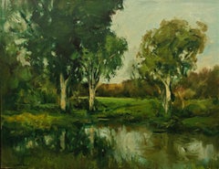 "Trees by the Stream" Dennis Sheehan, Bright Forest Landscape, Water Reflections