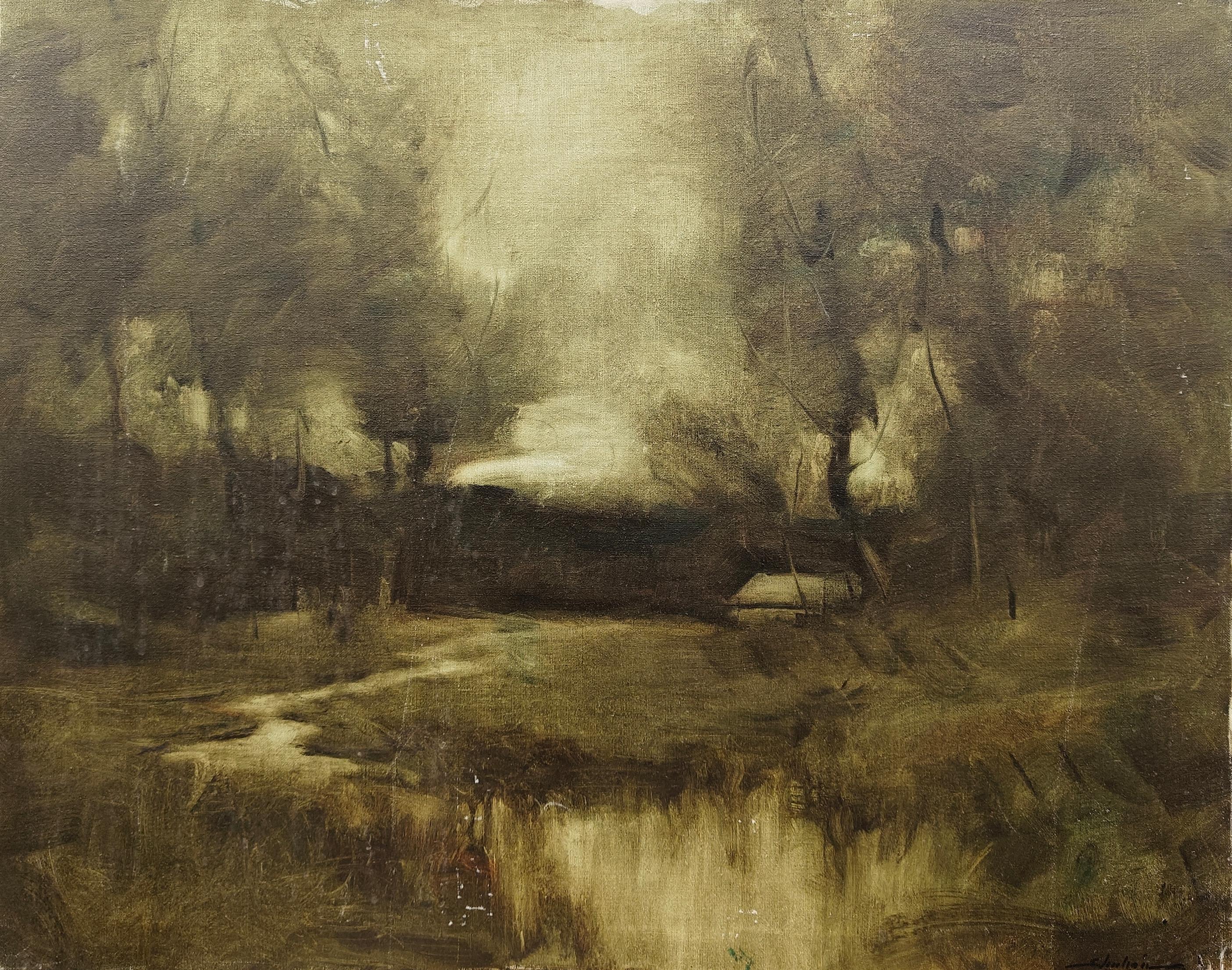 "Winding Brook" Dennis Sheehan, Atmospheric Woods, Moody, Dark Green, Stream