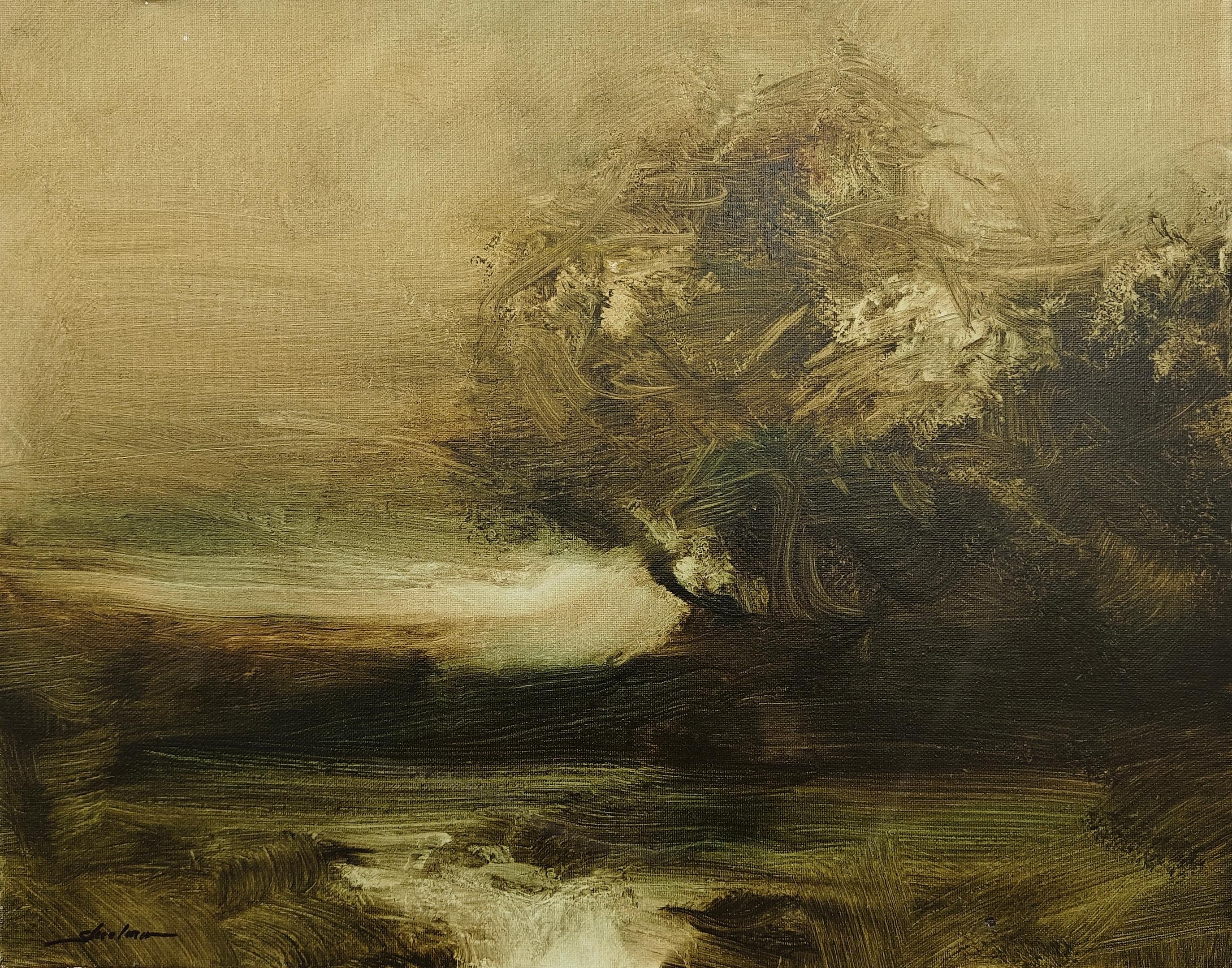 "Windy Day" Dennis Sheehan, Atmospheric, Tonalist Forest Stream, Green Sky