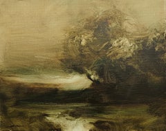 "Windy Day" Dennis Sheehan, Atmospheric, Tonalist Forest Stream, Green Sky