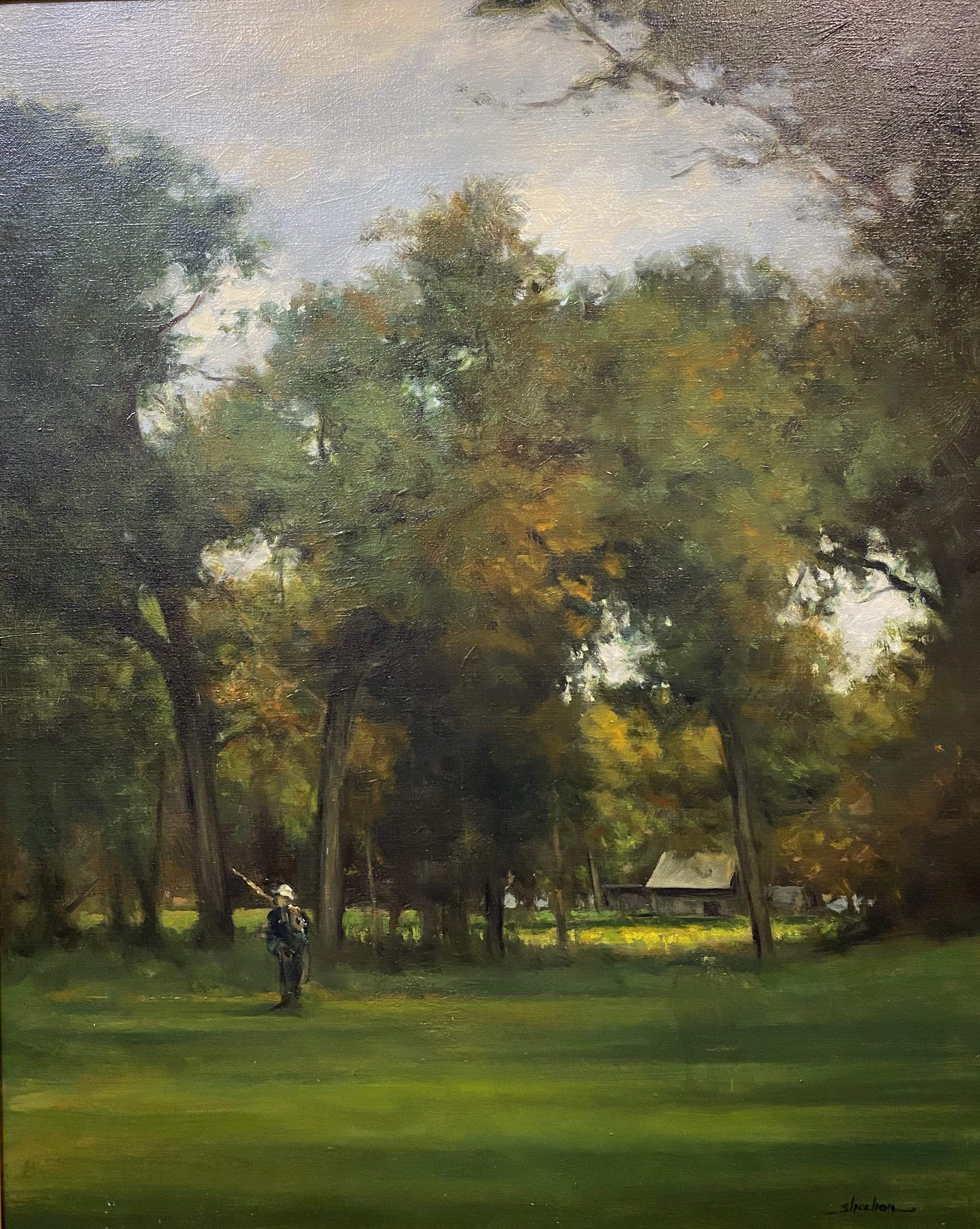 Woodland Landscape with Cabin & Figure - Painting by Dennis Sheehan