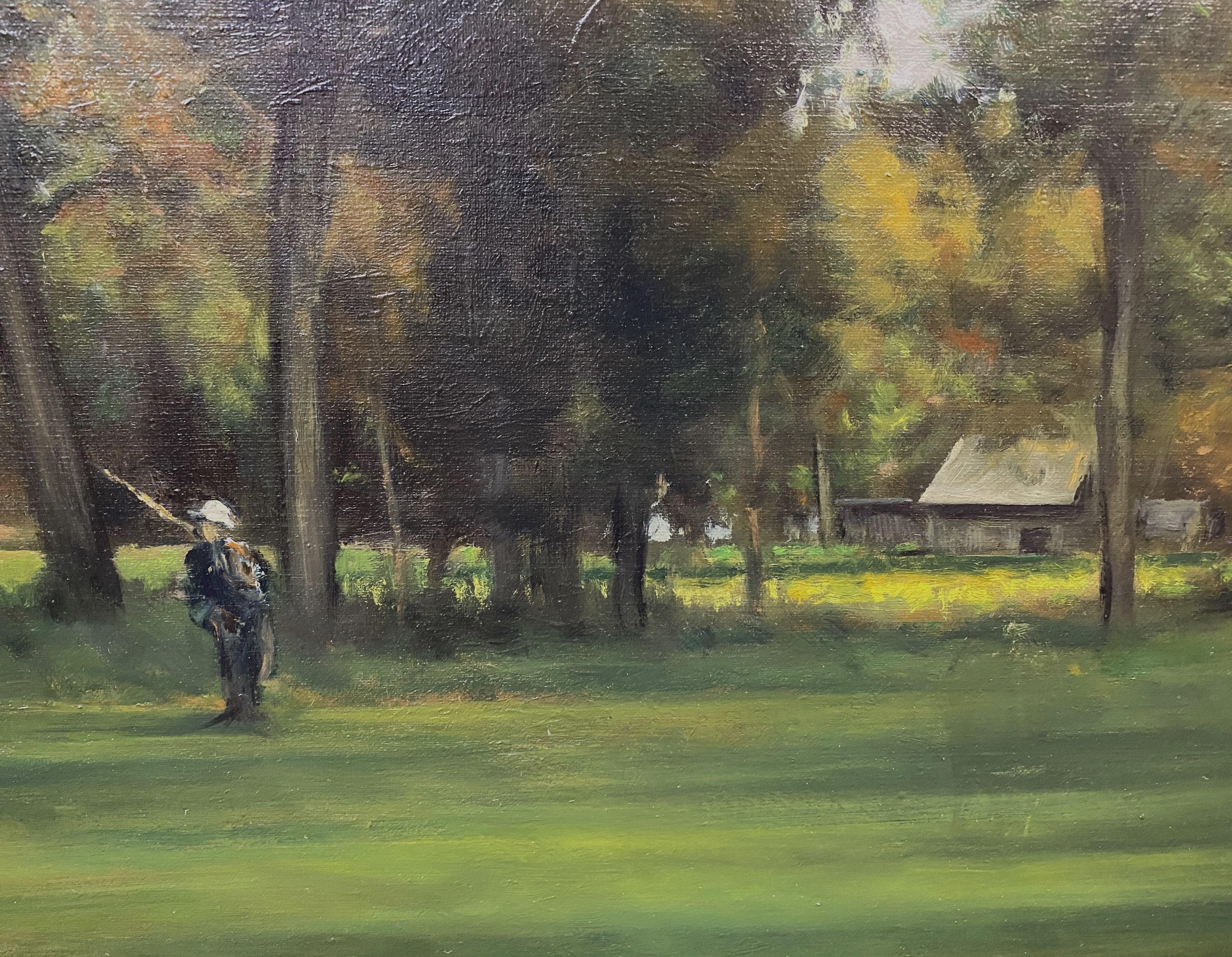 Woodland Landscape with Cabin & Figure - Tonalist Painting by Dennis Sheehan