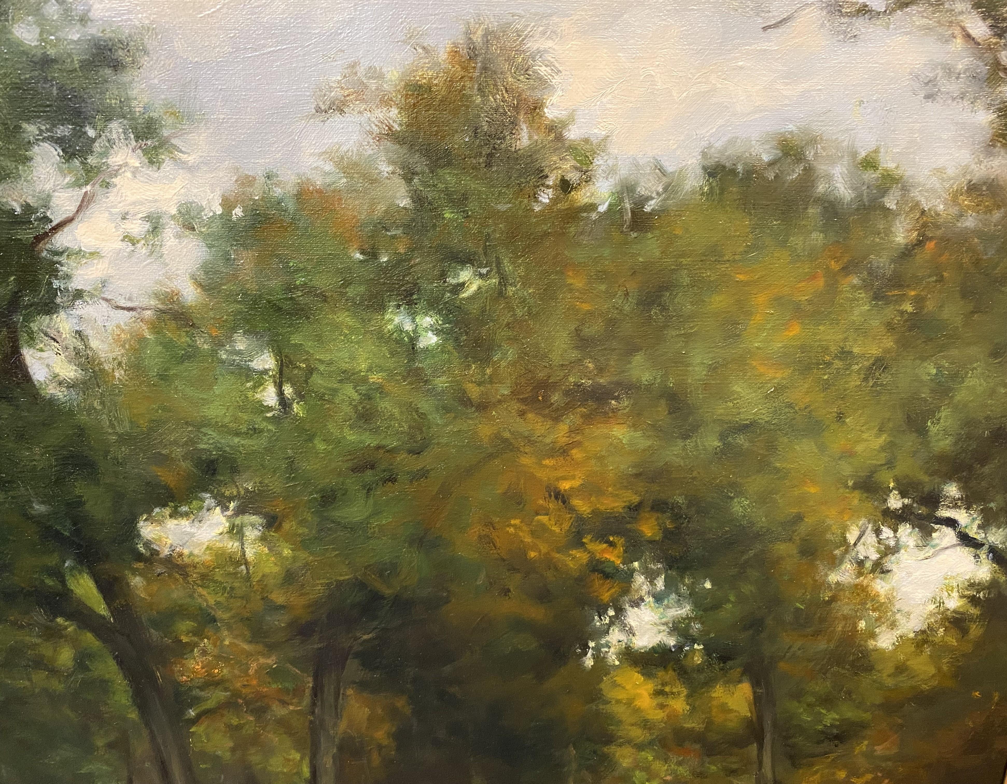 Woodland Landscape with Cabin & Figure - Black Landscape Painting by Dennis Sheehan