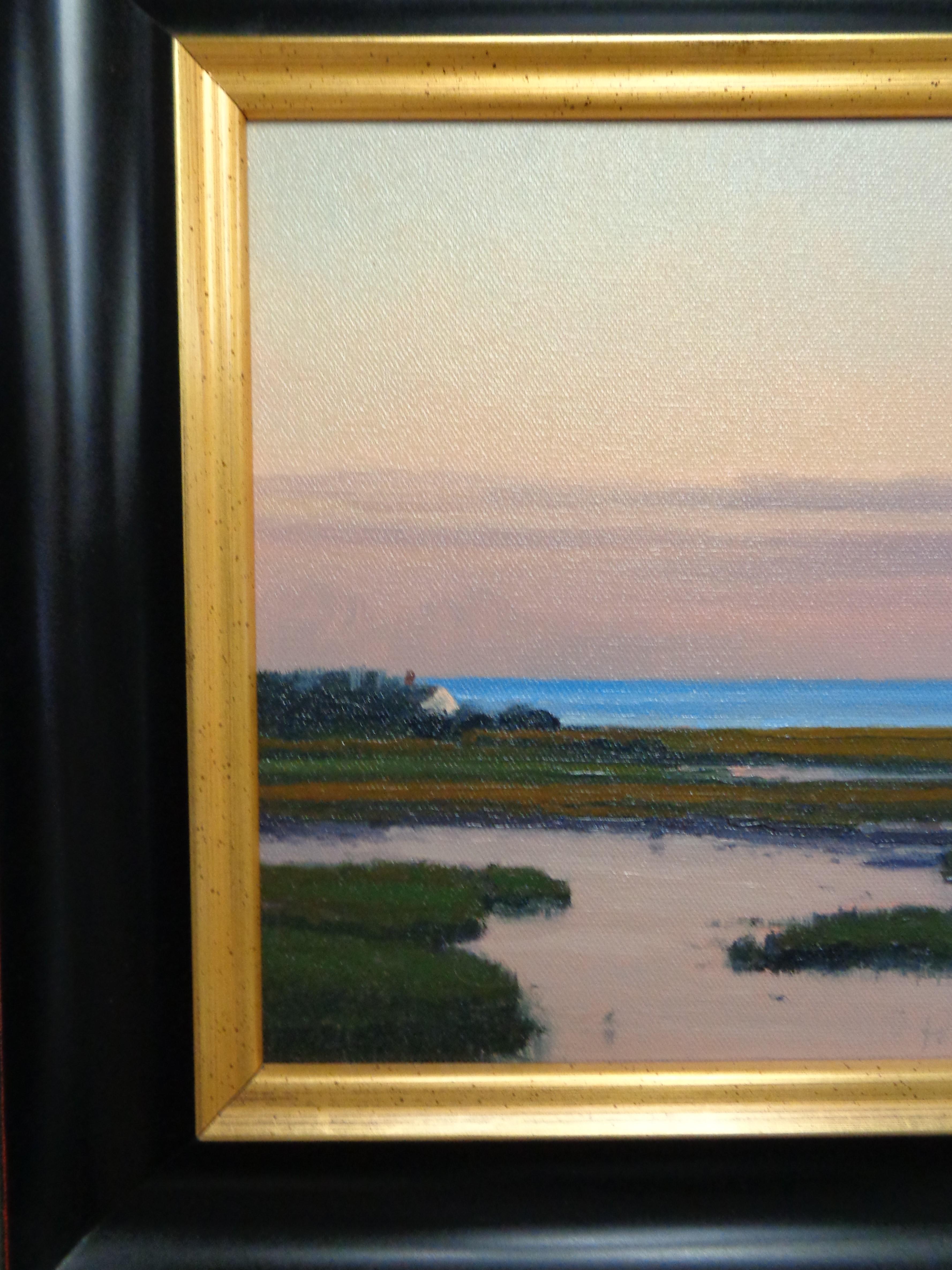 Artista del Club Salmagundi con etiqueta del Club Dennis Sirrine Paisaje marino Puesta de sol Barco en venta 1