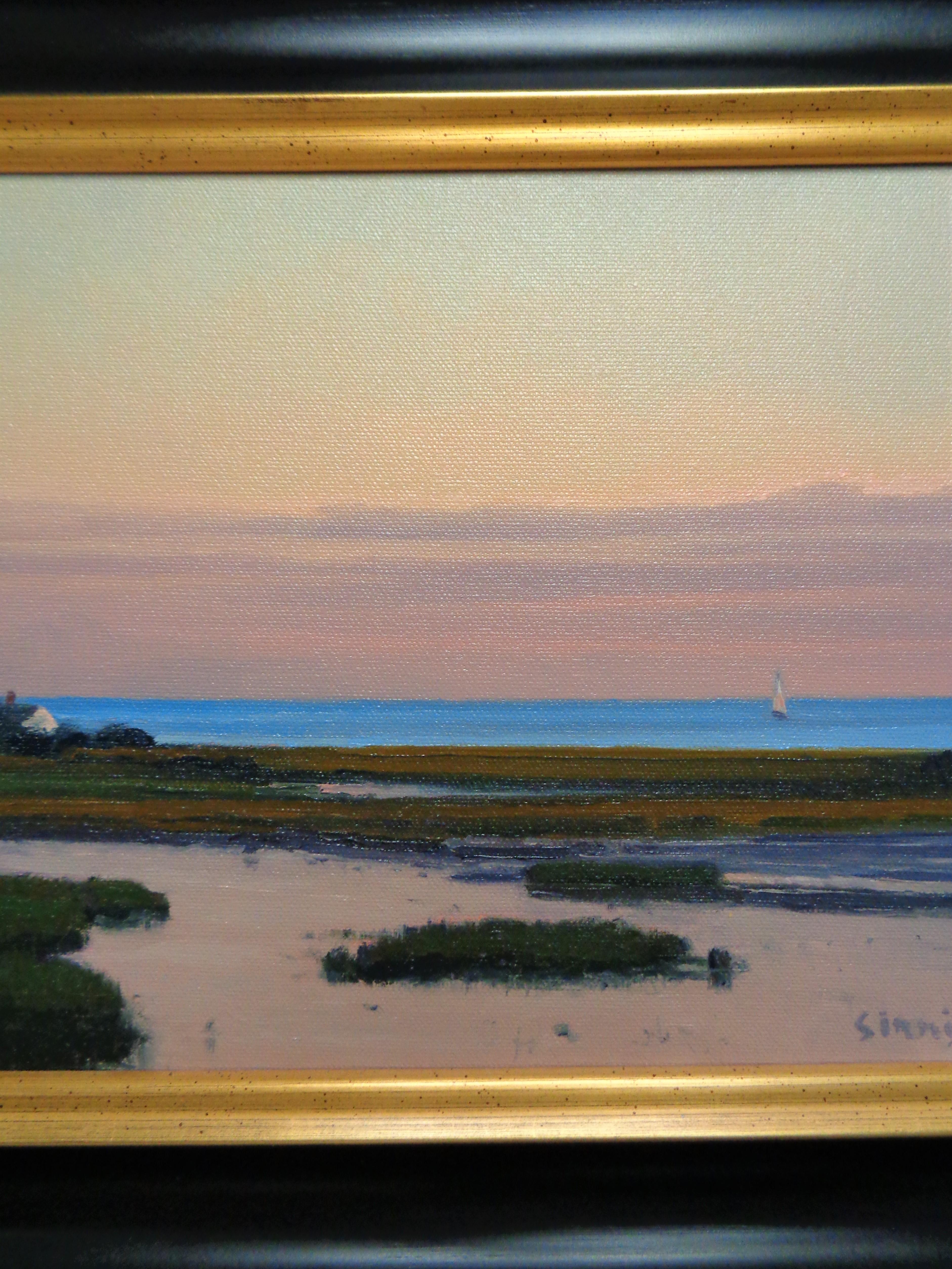 Artista del Club Salmagundi con etiqueta del Club Dennis Sirrine Paisaje marino Puesta de sol Barco en venta 2