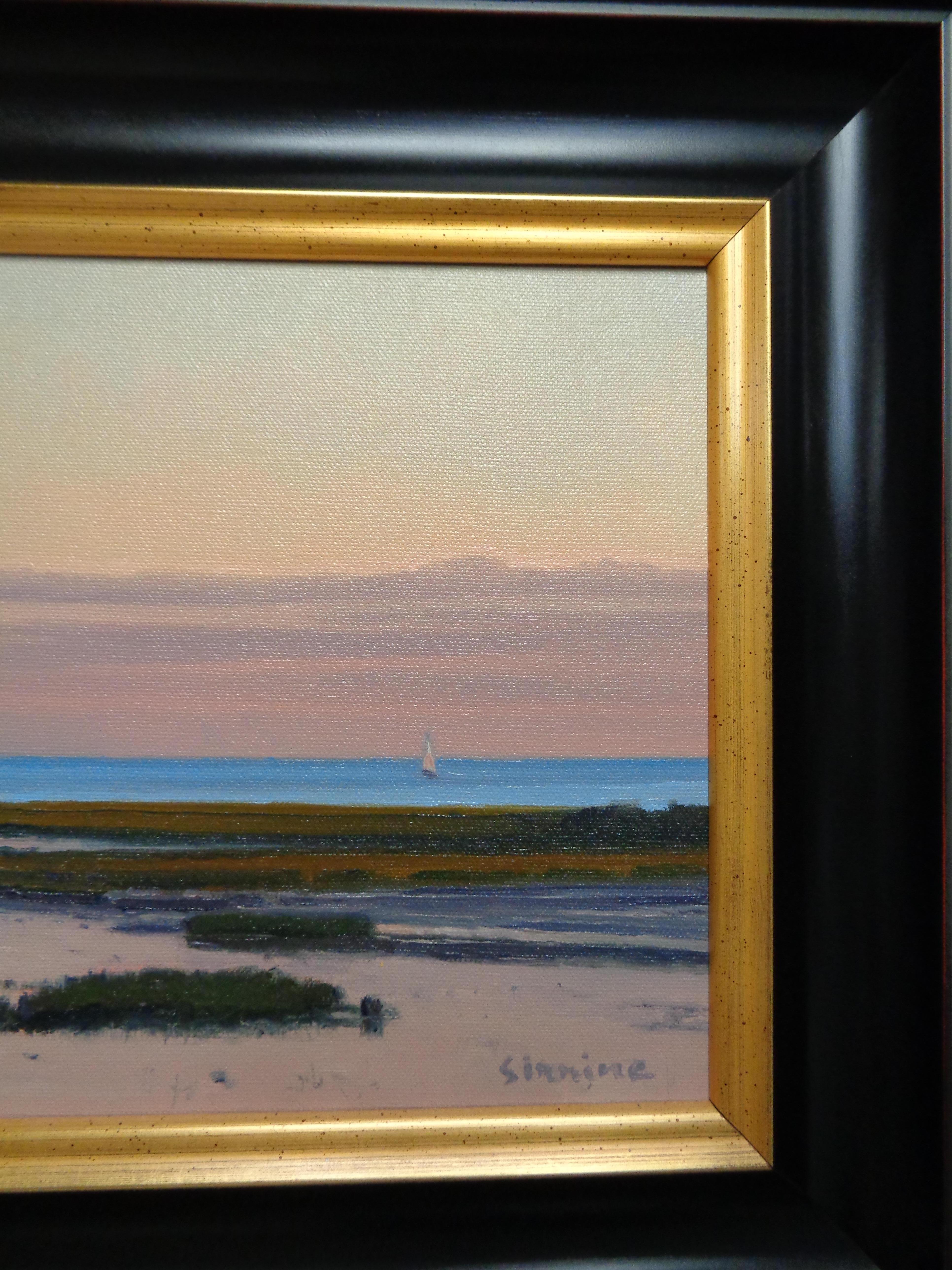 Artista del Club Salmagundi con etiqueta del Club Dennis Sirrine Paisaje marino Puesta de sol Barco en venta 3