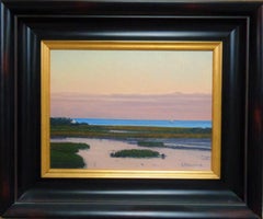 Artista del Club Salmagundi con etiqueta del Club Dennis Sirrine Paisaje marino Puesta de sol Barco