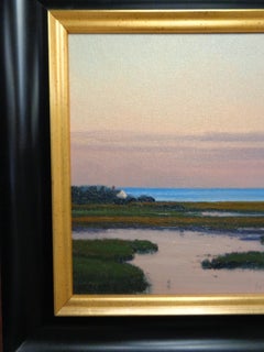 Seascape Sunset Boat Salmagundi Club Artist with Club Label Dennis Sirrine Oil