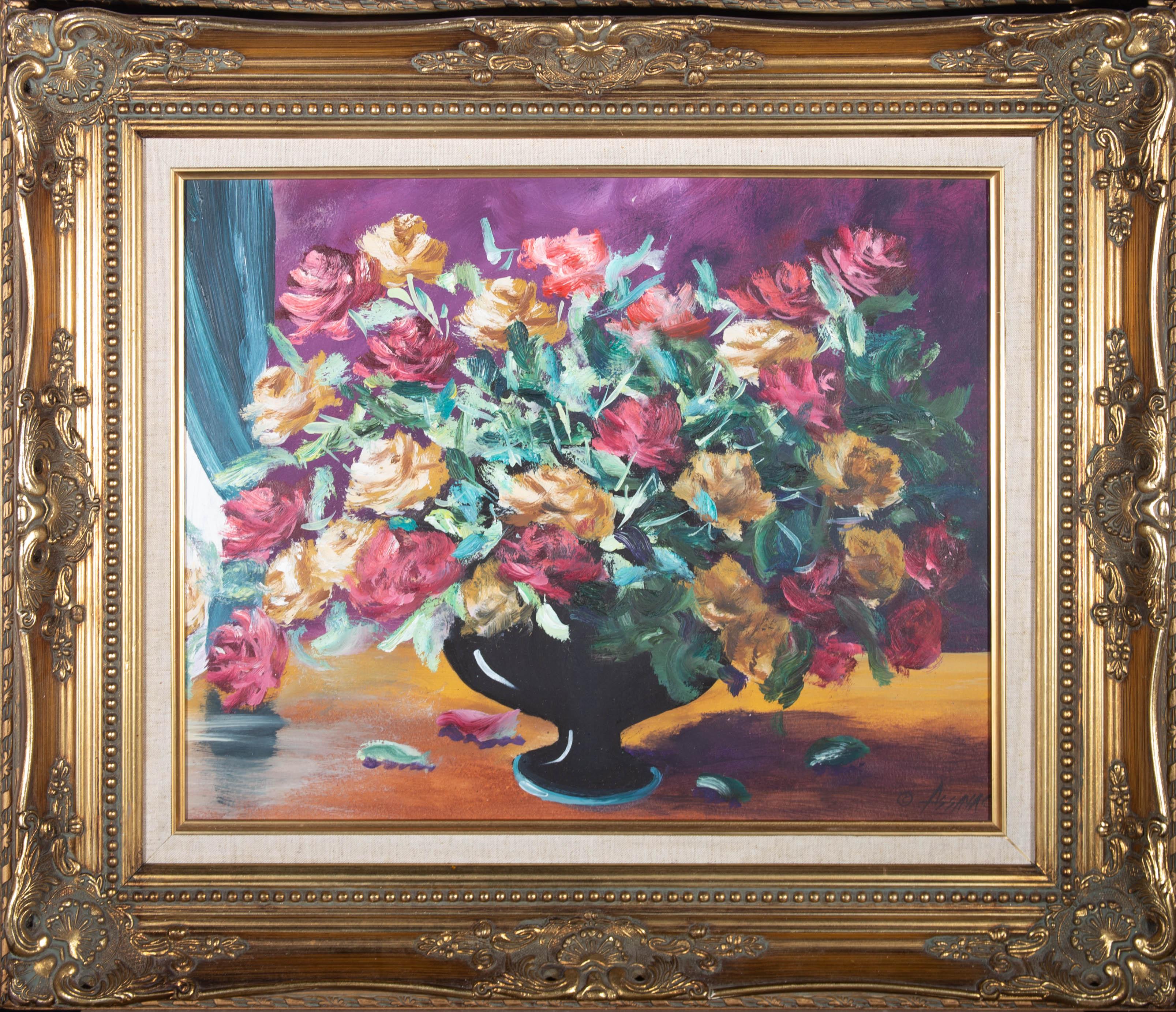 This delightful floral study depicts colourful summer blooms in a shallow vase. Painted in expressive, gestural brushstrokes, the artist has captured movement and vibrancy within this still life piece. Signed to the lower right with a signature and