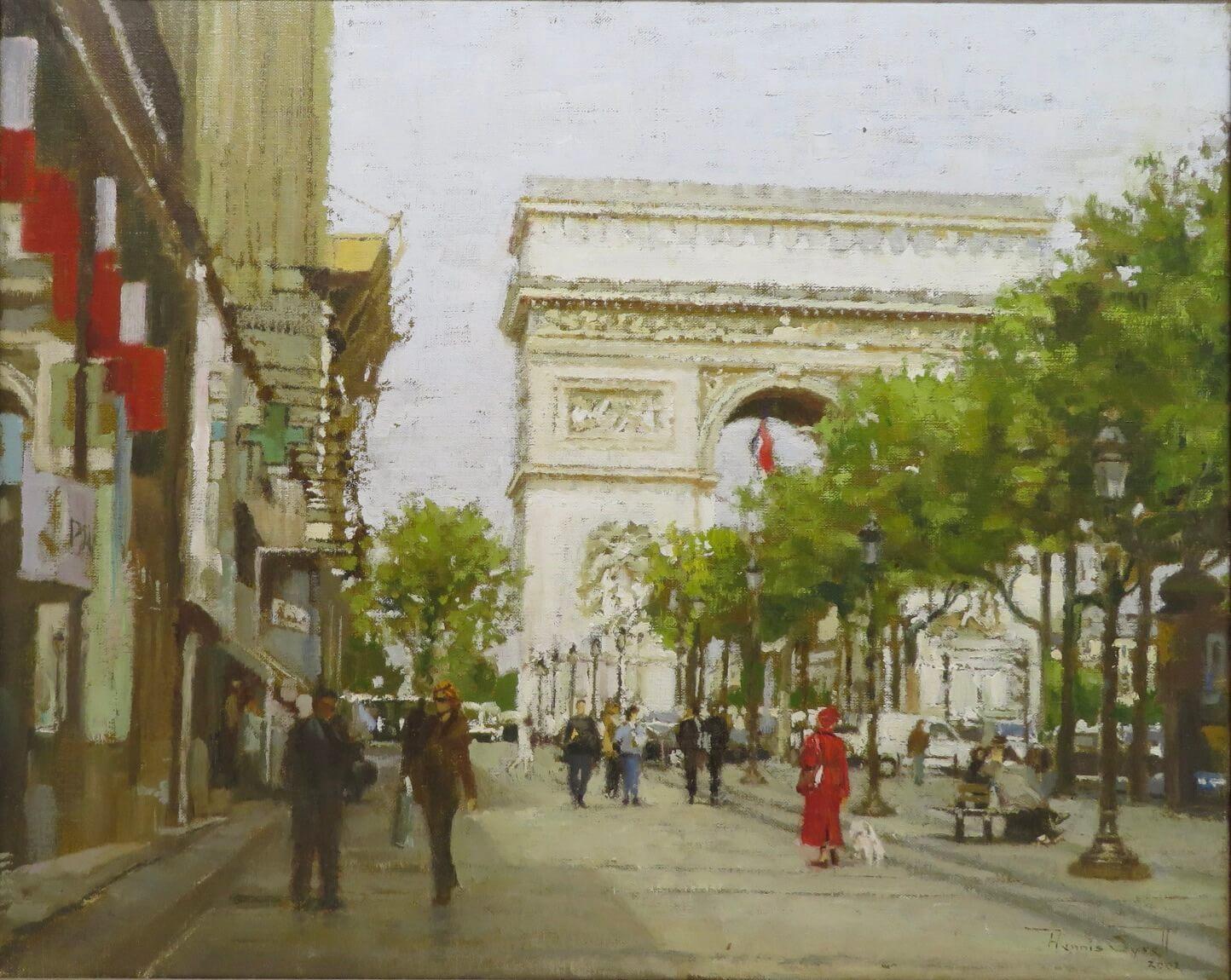 (nato nel 1932) Pittura ad olio originale post impressionista PARIGI FRANCIA SCENA DI STRADA - Painting di Dennis Syrett