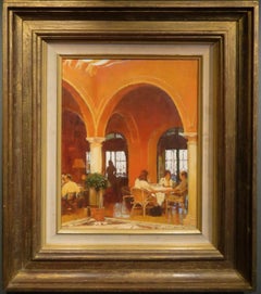 English Impressionist oil painting CAFE SCENE by Dennis Syrett ROI RSMA (1932-)