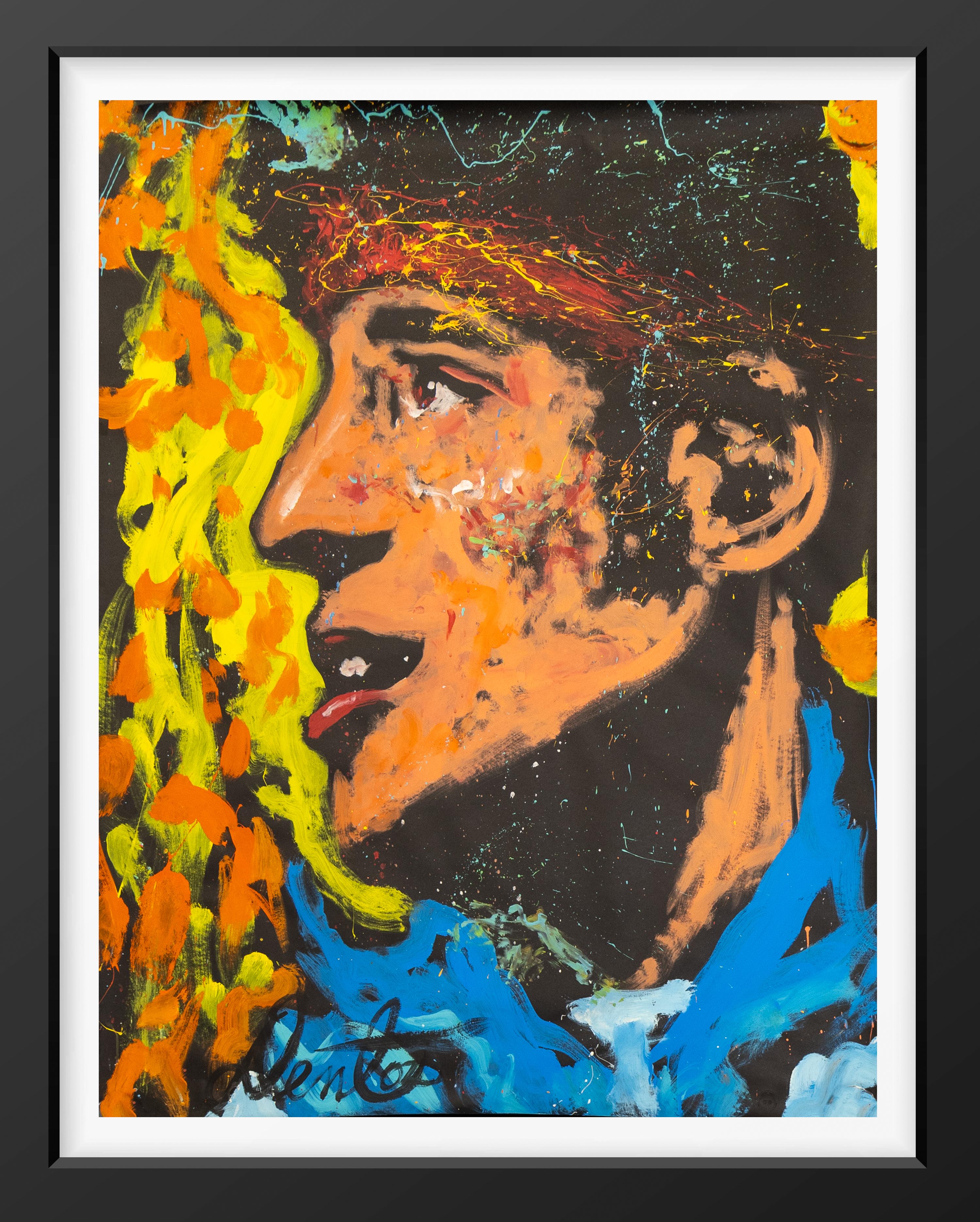 Artist: Denny Dent
Title: Bruce Springsteen
Medium: Original Oil Painting on Paper
Size: 70” x 53”
Year: C. 1990s
Inscription: Stamped, Hand Titled

Denny Dent's Bruce Springsteen is an electrifying original oil painting that captures the raw energy