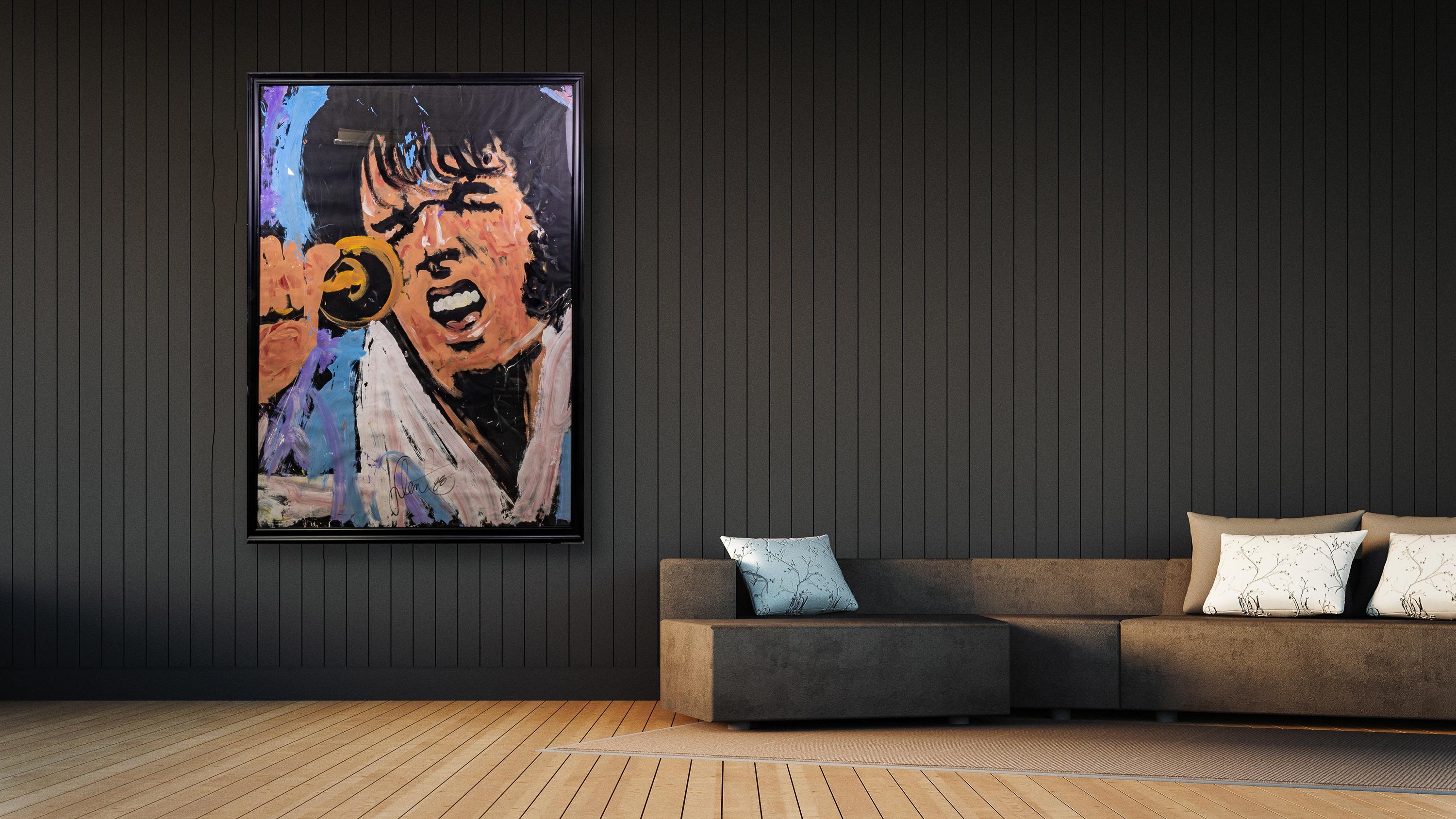 Denny Dent, Elvis Peinture originale à l'huile sur papier, signée, 1988, 72x51 pouces
