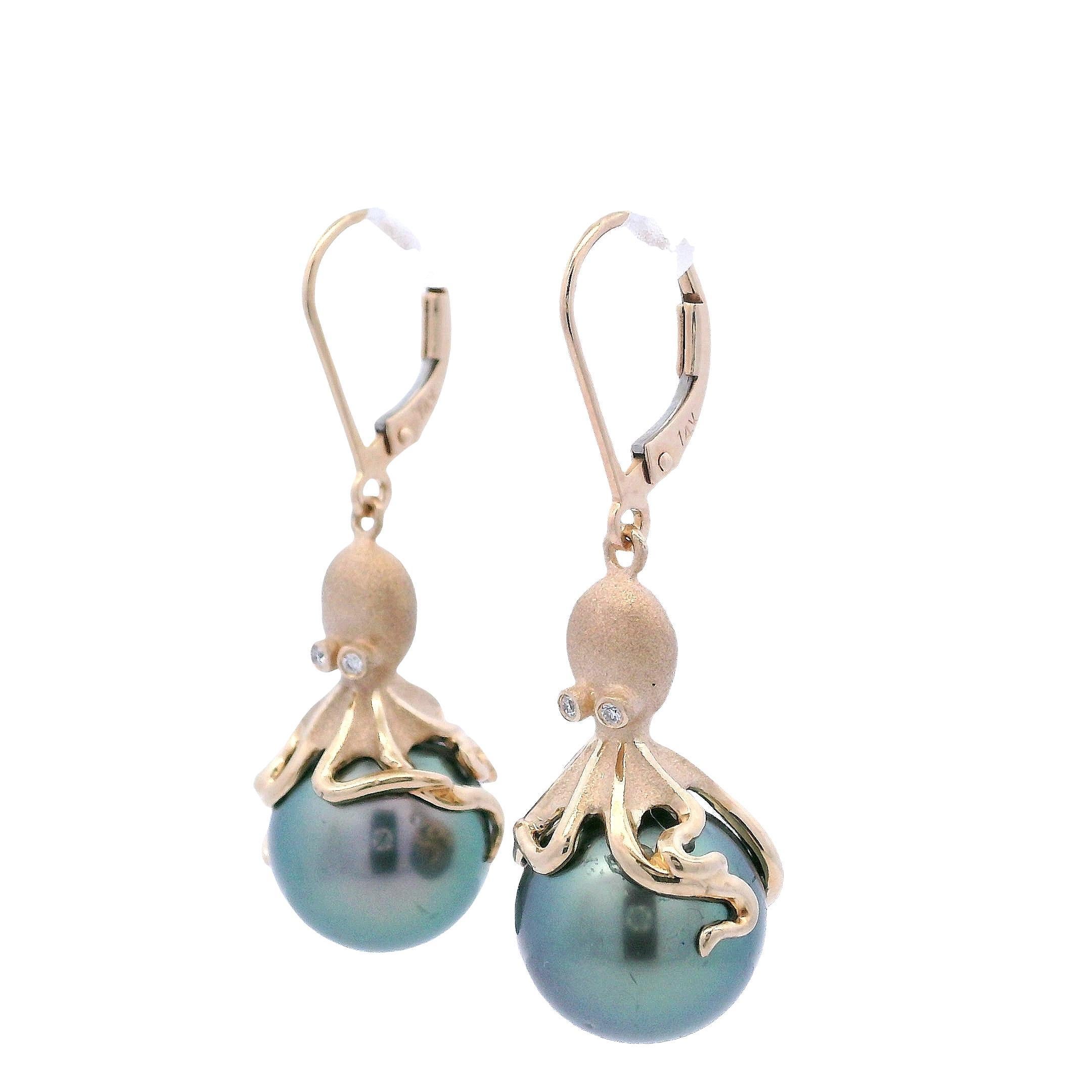 Orecchini Octopus in oro giallo 14kt con perle di Tahiti e diamanti di Denny Wong in vendita 1