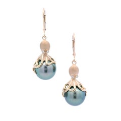 Denny Wong 14kt Yellow Gold Octopus Earrings With Tahitian Pearls & Diamonds
