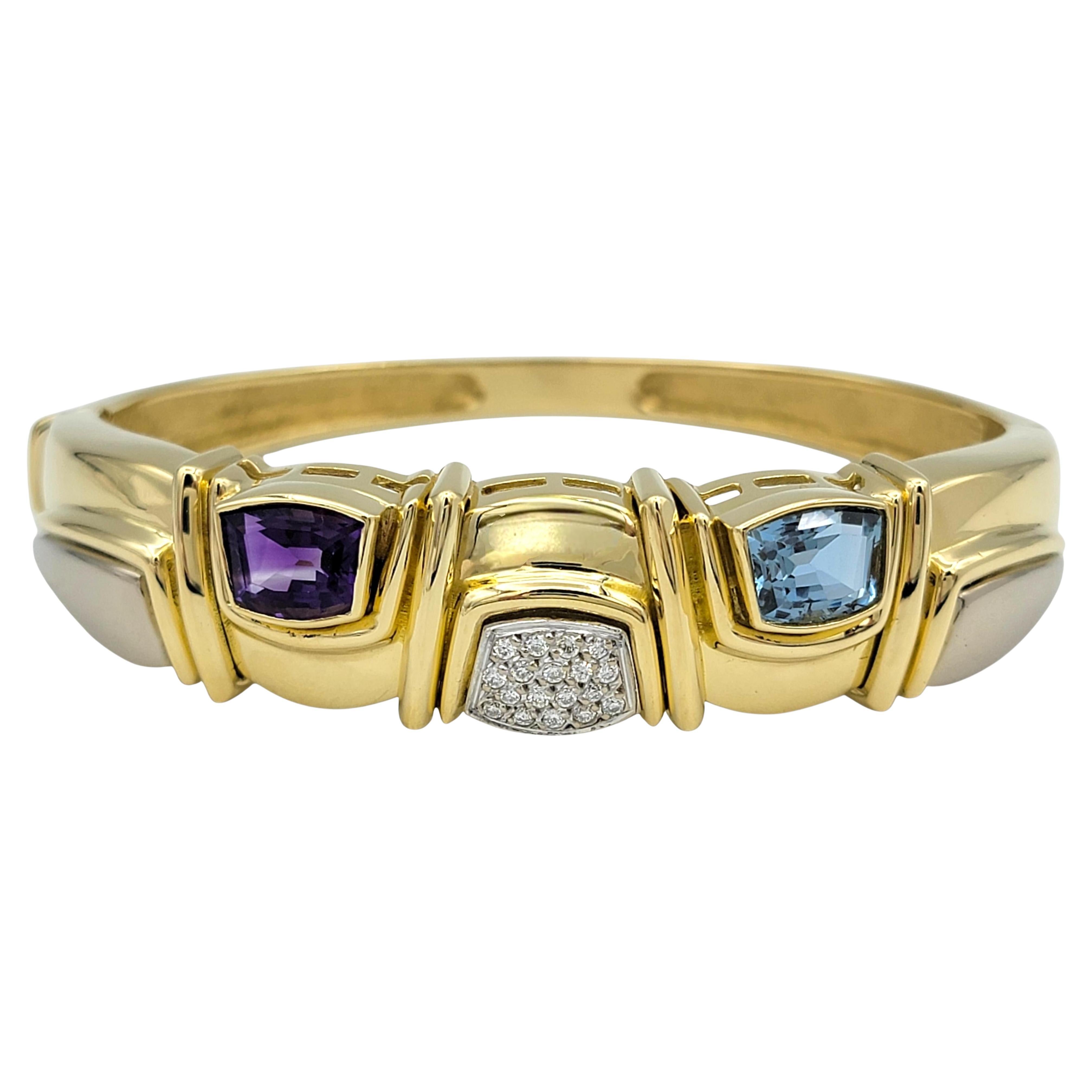 Denoir Amethyst, Topaz and Pavé Diamond Modernist Bangle Bracelet 18 Karat Gold