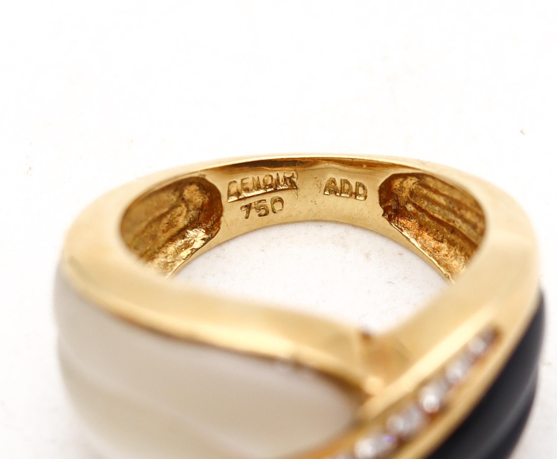 Modernist Denoir Paris Gem Set Ring 18Kt Yellow Gold With VS Diamonds Onyx And White Nacre For Sale