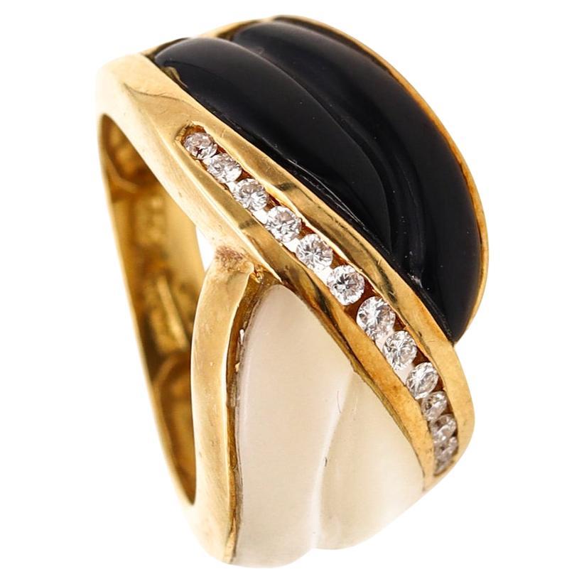 Denoir Paris Gem Set Ring 18Kt Yellow Gold With VS Diamonds Onyx And White Nacre For Sale