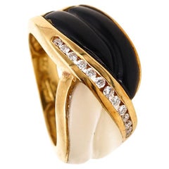 Denoir Paris Bague sertie de pierres précieuses en or jaune 18 carats avec diamants VS, onyx et nacre blanche