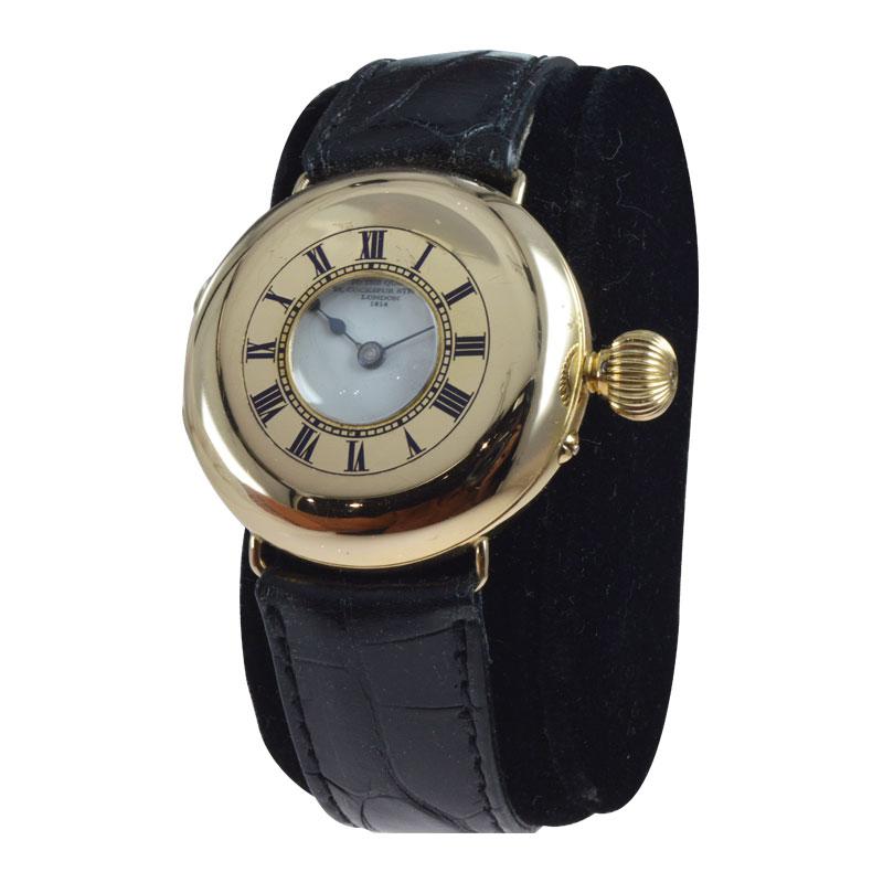 FACTORY / HOUSE: Dent, Watchmaker and Chronometer Maker to the Queen 
STYLE / REFERENCE: Half Hunter / Military Style Early Wrist Watch
METAL / MATERIAL: 18Kt. Yellow Gold 
CIRCA / YEAR: 1880's
DIMENSIONS / SIZE: Length 36mm x Diameter 36mm
MOVEMENT