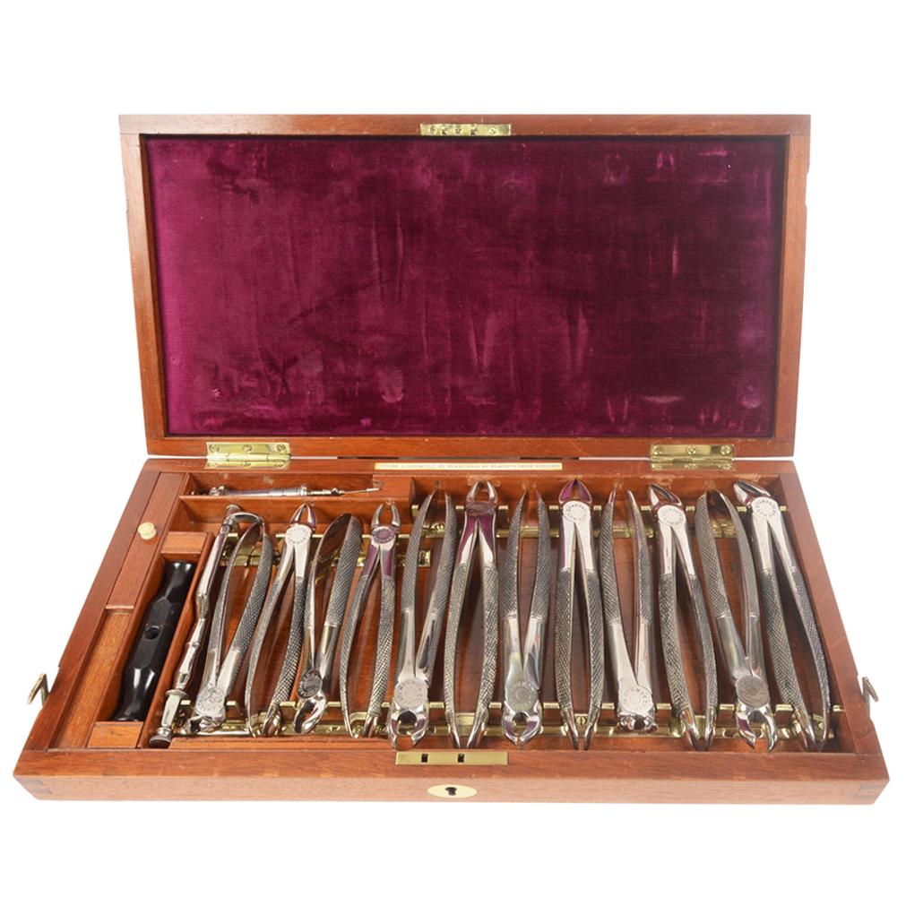1880s Antique Dentist Kit in Mahogany Box Signed Evans & Wormull 31 Stamford 