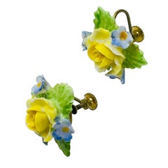DENTON ENGLAND vintage signed porcelain flowers screw back earrings