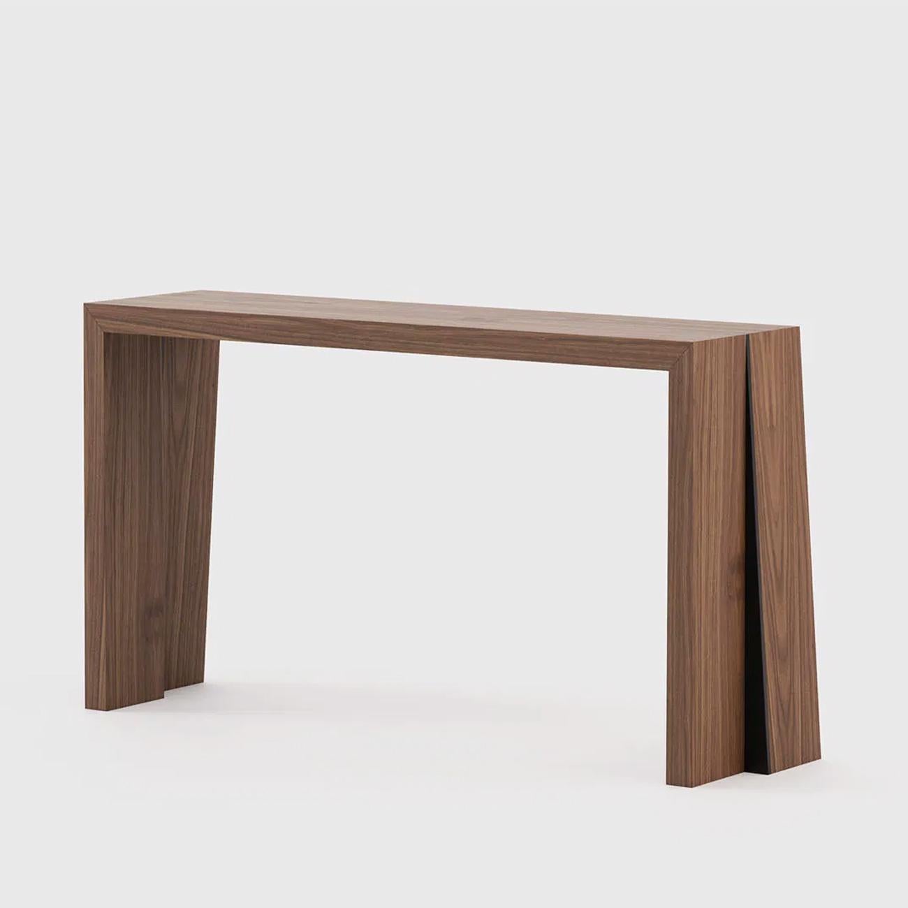 Console table Denver with solid matte walnut wood 
and with blackened iron on feet.
Also available with 1 drawer, on request, including up-charge.
Also available with other wood and metal finishes
on request.