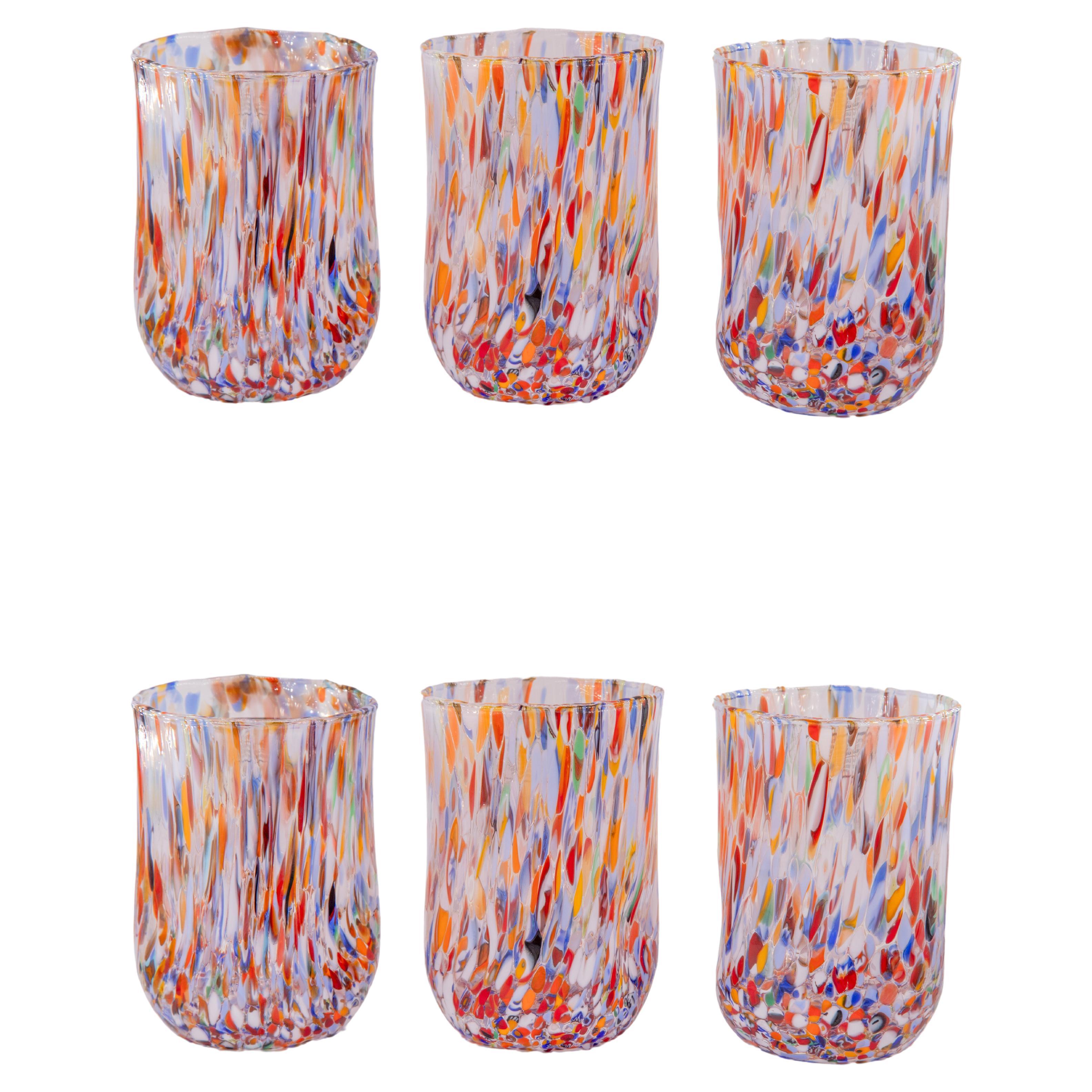 Denver, ensemble de 6 verres de Murano couleur "Millefiori", faits à la main, verre de Murano 