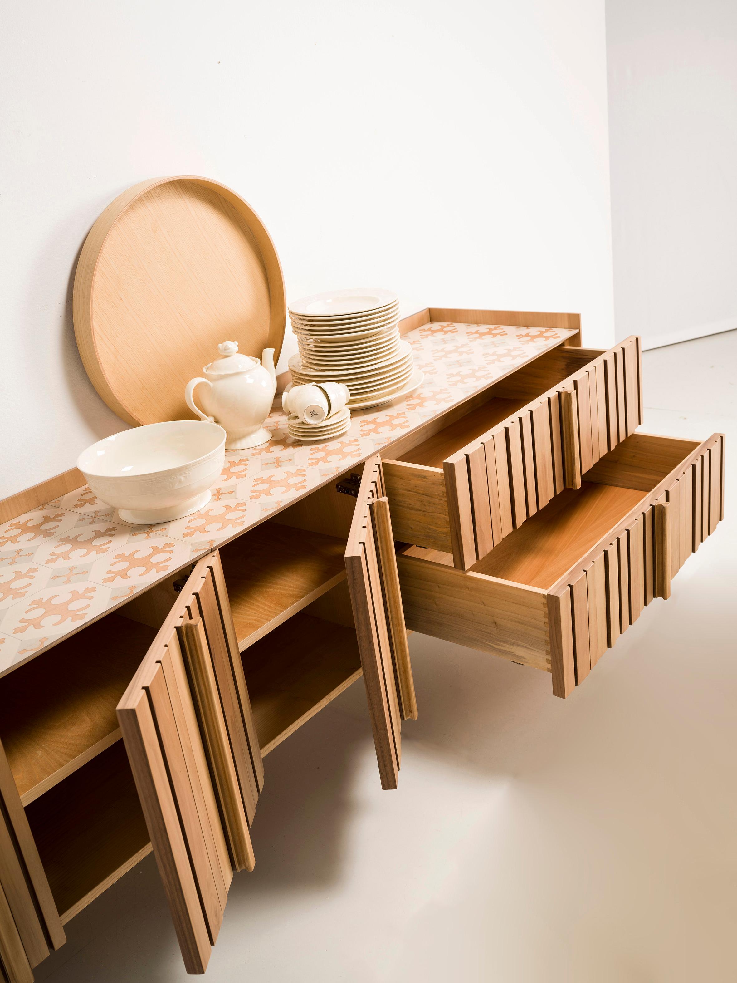Post-Modern Denver Walnut and Iron Sideboard, Four Doors and Two Drawers, by Lola Glamour For Sale