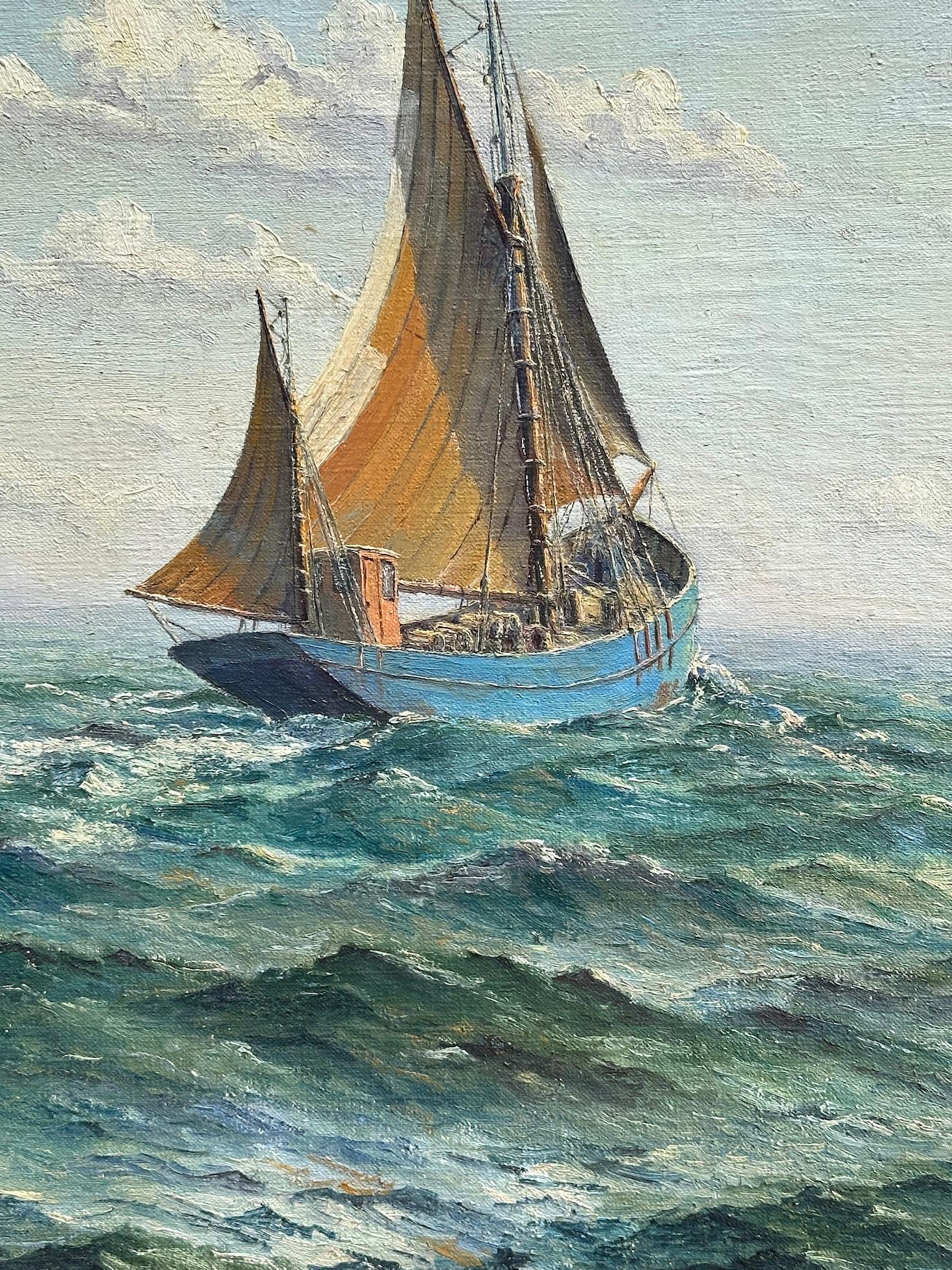 Mid Century Cornish Impressionist Fishing boats off the Cornish Coast - Painting by Denys Law