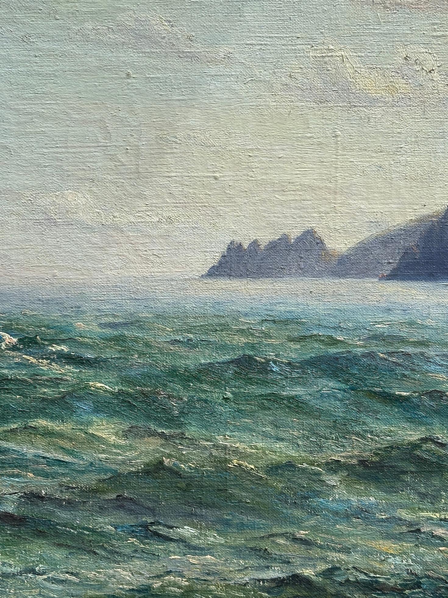 Mid Century Cornish Impressionist Fishing boats off the Cornish Coast - Gray Figurative Painting by Denys Law