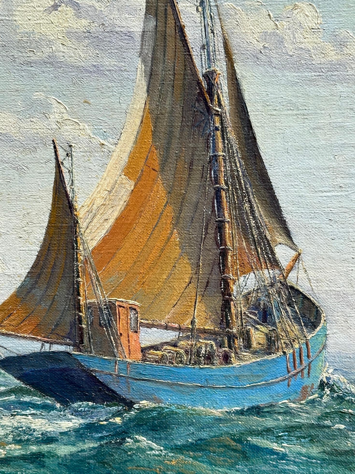 Mid Century Cornish Impressionist Fishing boats off the Cornish Coast For Sale 1