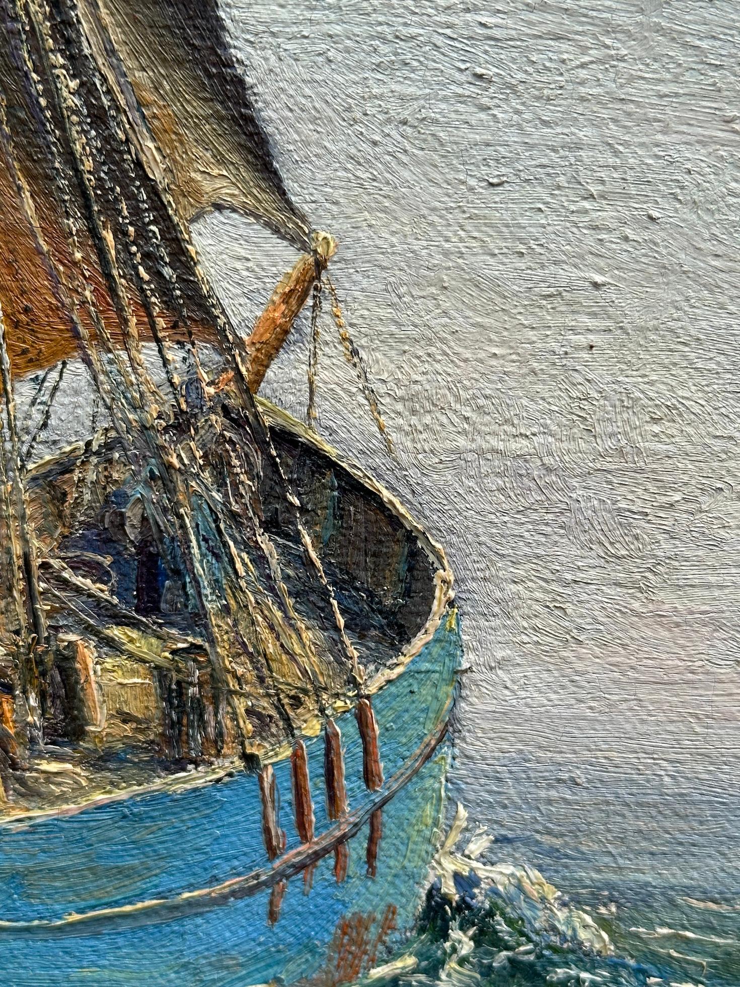 Mid Century Cornish Impressionist Fishing boats off the Cornish Coast For Sale 3