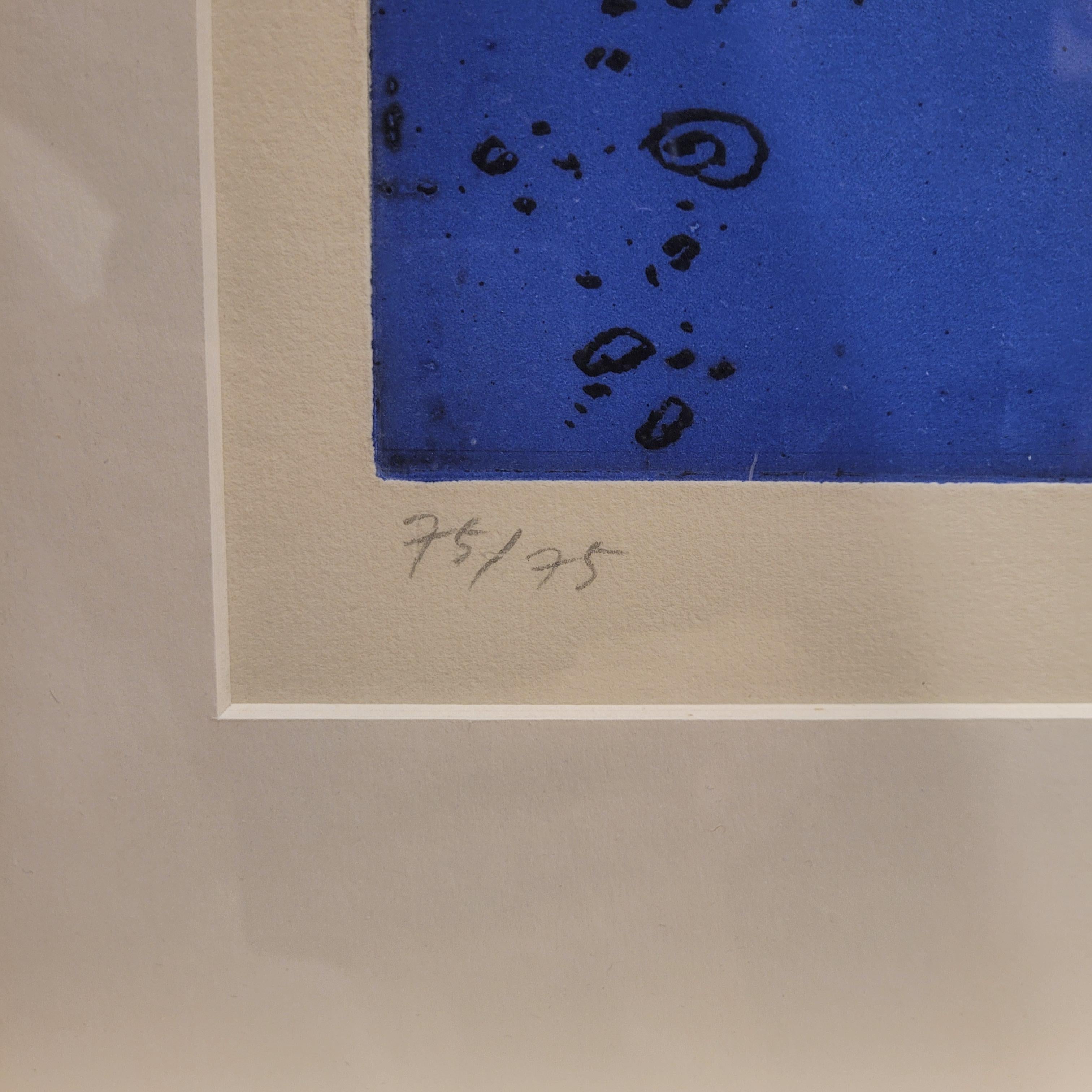 Stampa coreana d'epoca all'acquaforte rossa e blu di Deok Sung Kang, numerata 75 di 75 in vendita 7