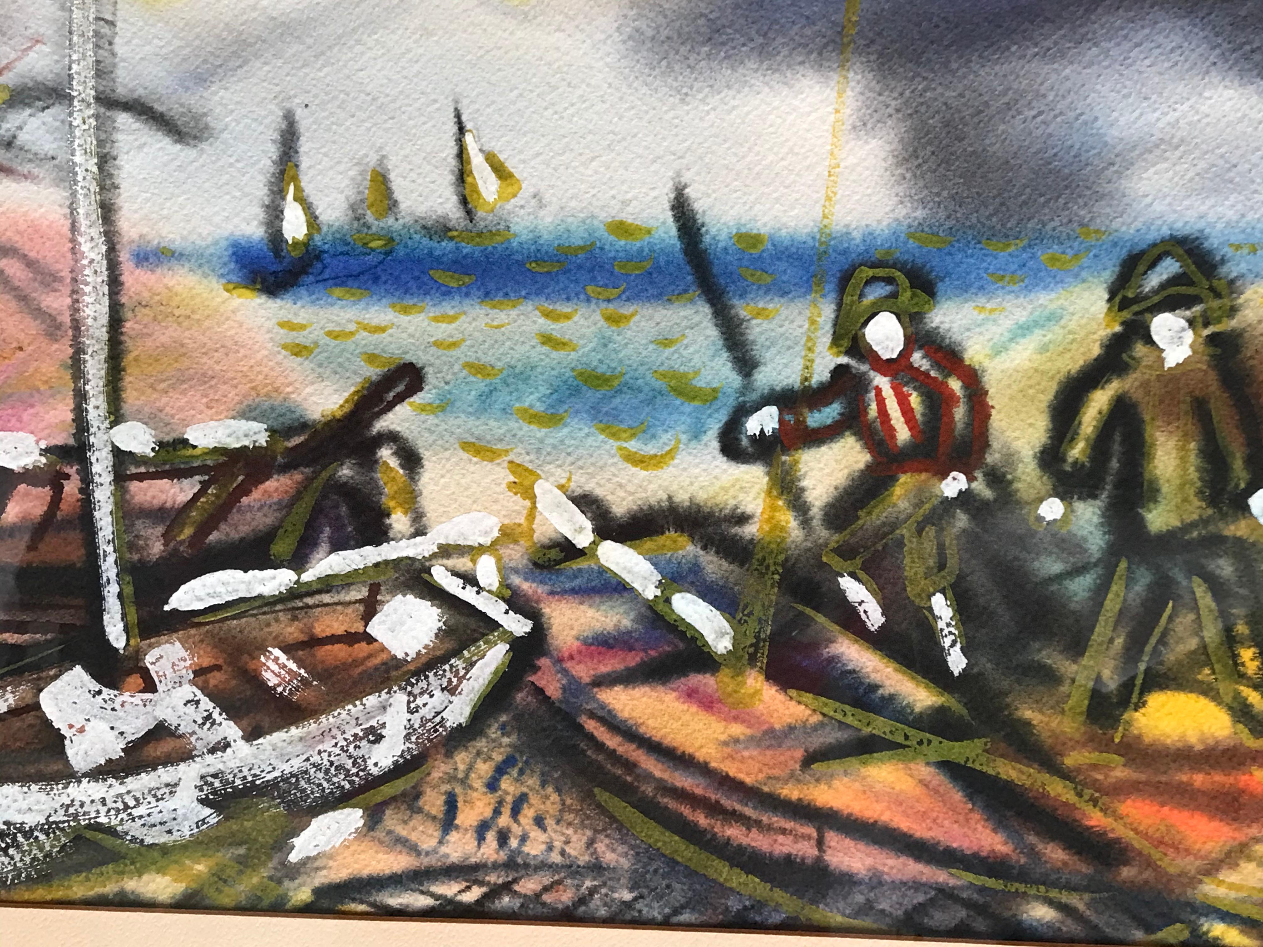 20th Century Departure for Fishing, Watercolor by Ed Sotello For Sale