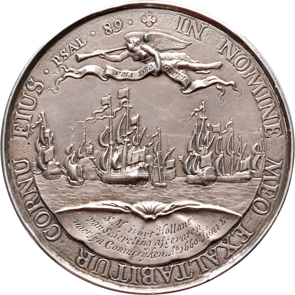 Obverse: CAROLUS . II . D : G . MAGNÆ . BRIT . FRA . ET . HIB . REX ., armoured bust of Charles II, three quarters facing, with medal on ribbon on chest, on which St. George fighting the dragon
Reverse: + IN NOMINE MEO EXALTABITUR CORNU EIUS . PSAL