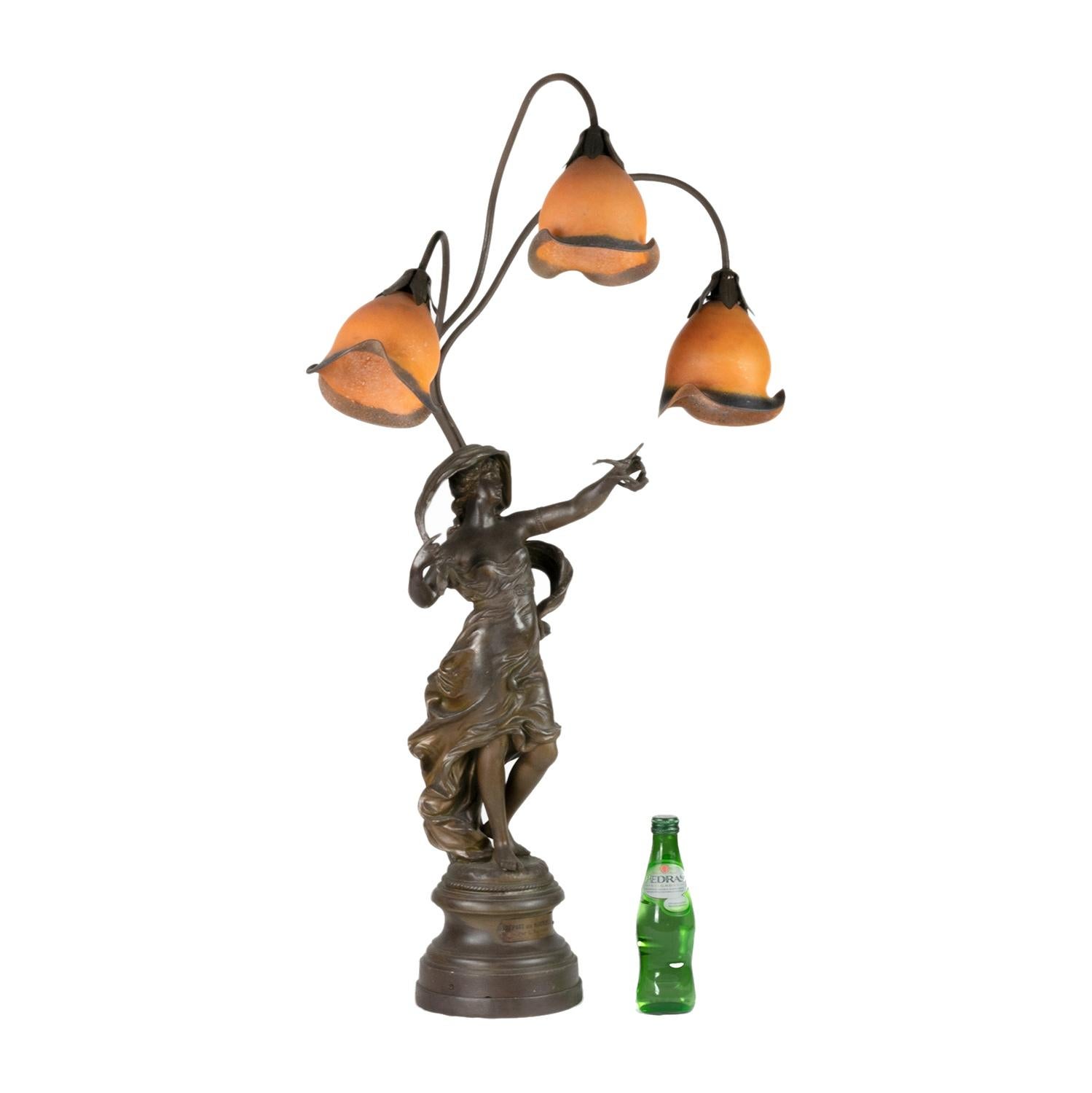 Patinated Departure of the Swallows Cameo Table Lamp Art Nouveau, 20th Century  For Sale
